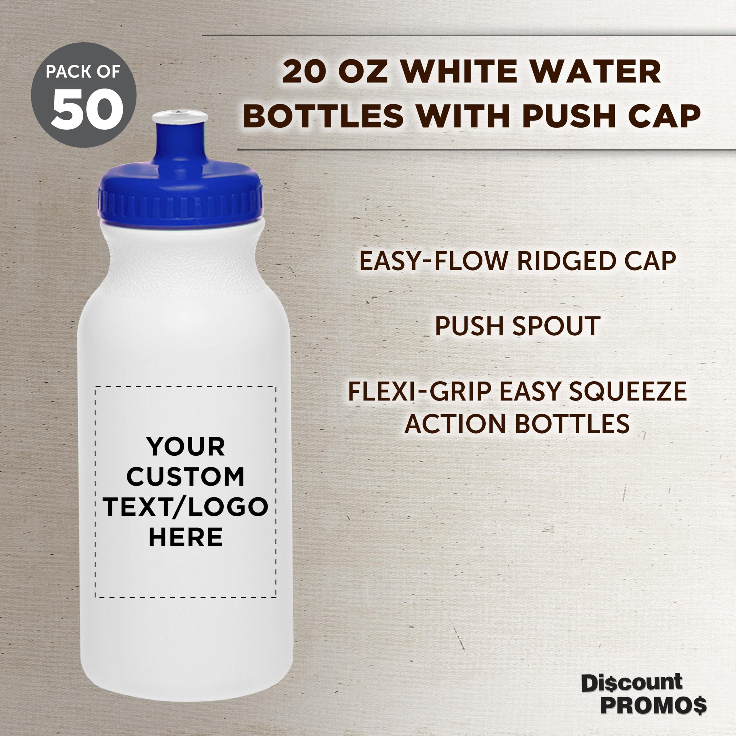 Custom White Water Bottles with Push Cap - 50 Pack, Personalized Text & Logo, 20oz BPA-Free Reusable Squeeze Bottles in Bulk (White/Blue) - Perfect for Promotions, Events, Gyms & Outdoor Activities
