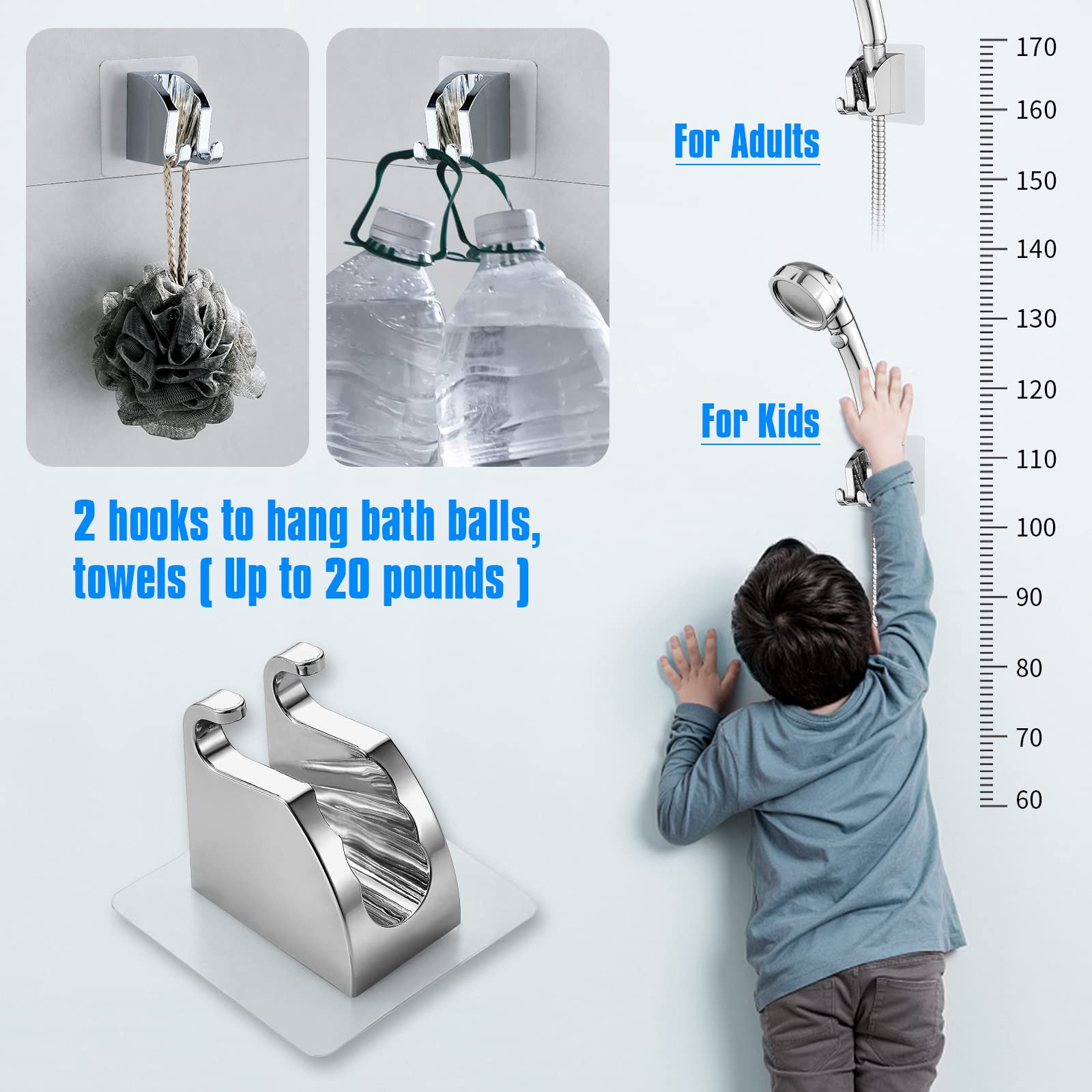 JONKEAN Chrome 1Pack Adjustable Shower Head Holder with 2 Hanger Hooks - Self-Adhesive Wall Mount for Shower Wand Hose - Perfect for Bathroom, RV, and Small Spaces