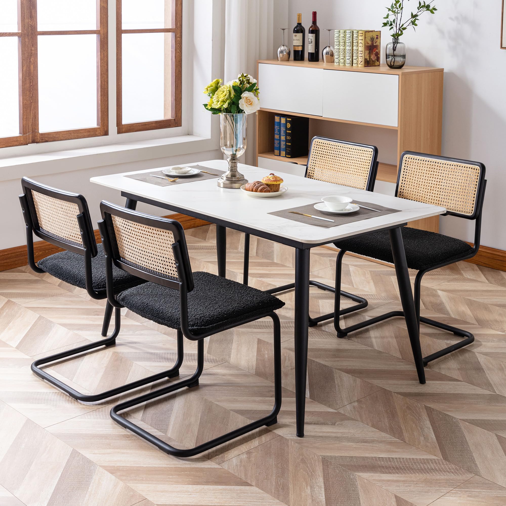 ONEVOG 4-Piece Boucle Dining Chair Set - Modern Upholstered Cane Chairs with Natural Rattan Back & Sturdy Metal Frame - Comfortable Accent Seating for Dining Room, Kitchen or Living Room - Perfect for Family Gatherings & Dinner Parties (Black)