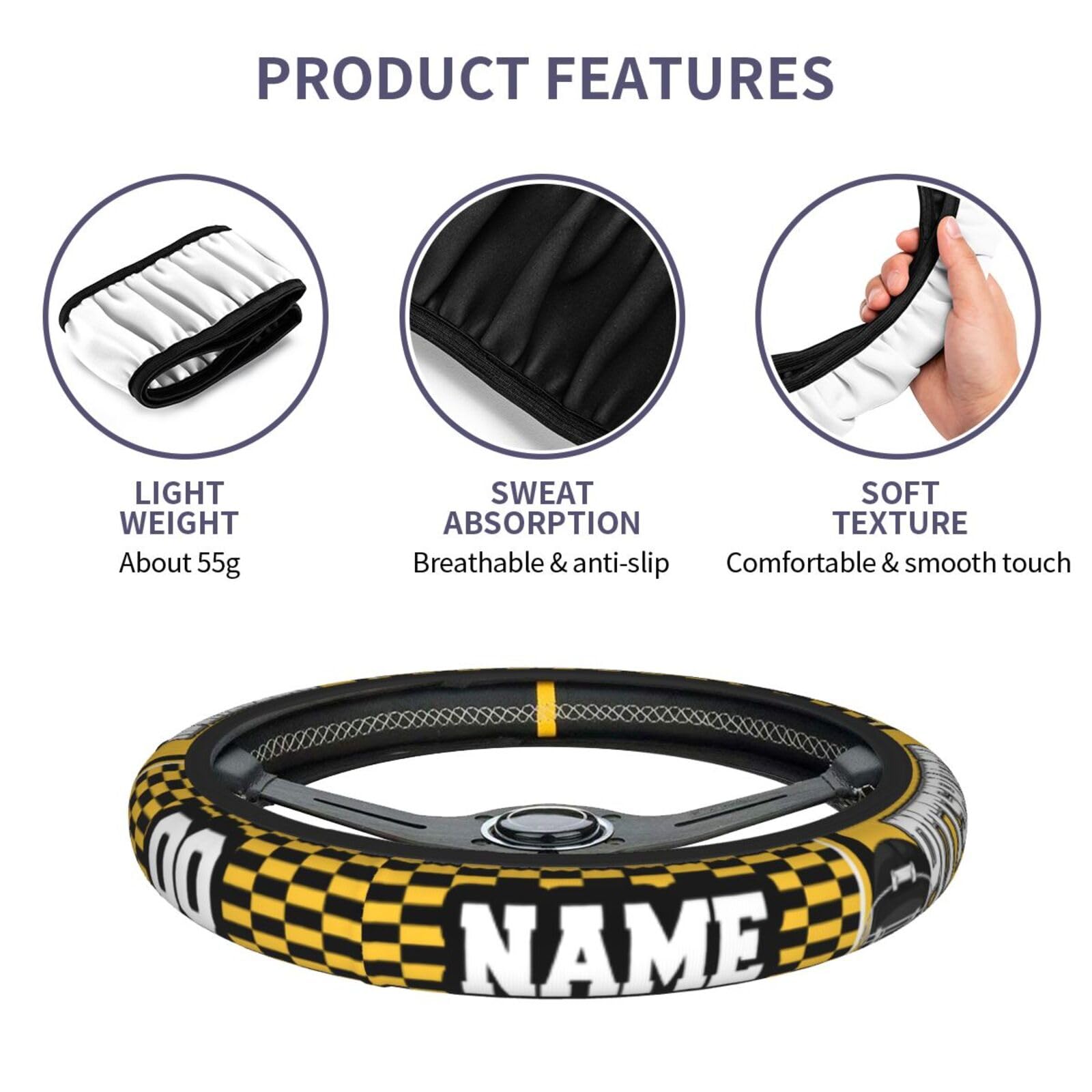 Custom Anti-Slip Elastic Steering Wheel Cover 15 Inch - Personalized with Name & Number - Fits Most Vehicles (Sedan, Truck, SUV) - Perfect for Comfort, Grip & Style While Driving