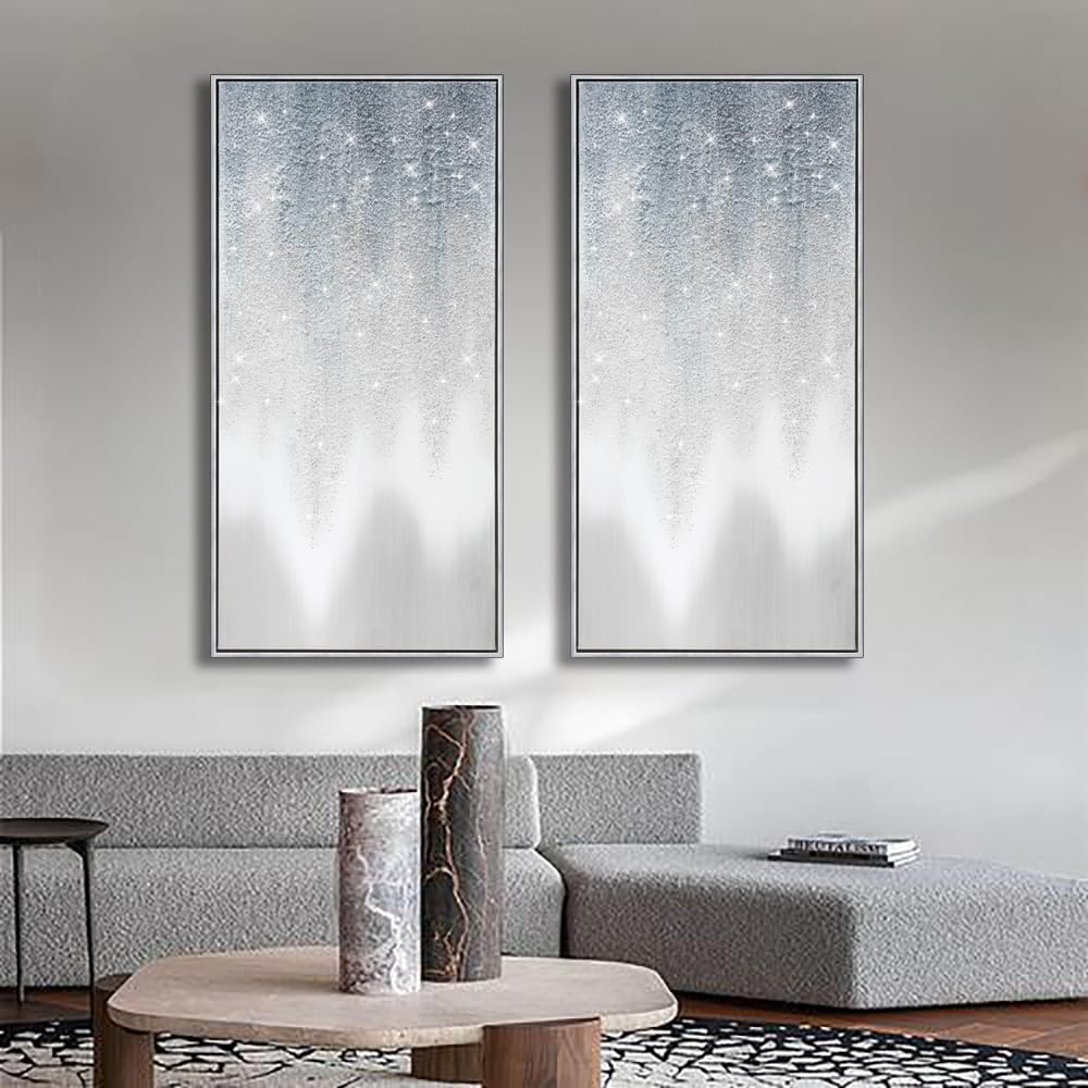 Hand Painted Silver Abstract Oil Painting on Canvas - Gray Gradient Wall Art with Sand Texture & Glitter Accents - 40x20 Inch Large Vertical Modern Decor for Living Room & Bedroom - Perfect for Contemporary Home & Office Spaces