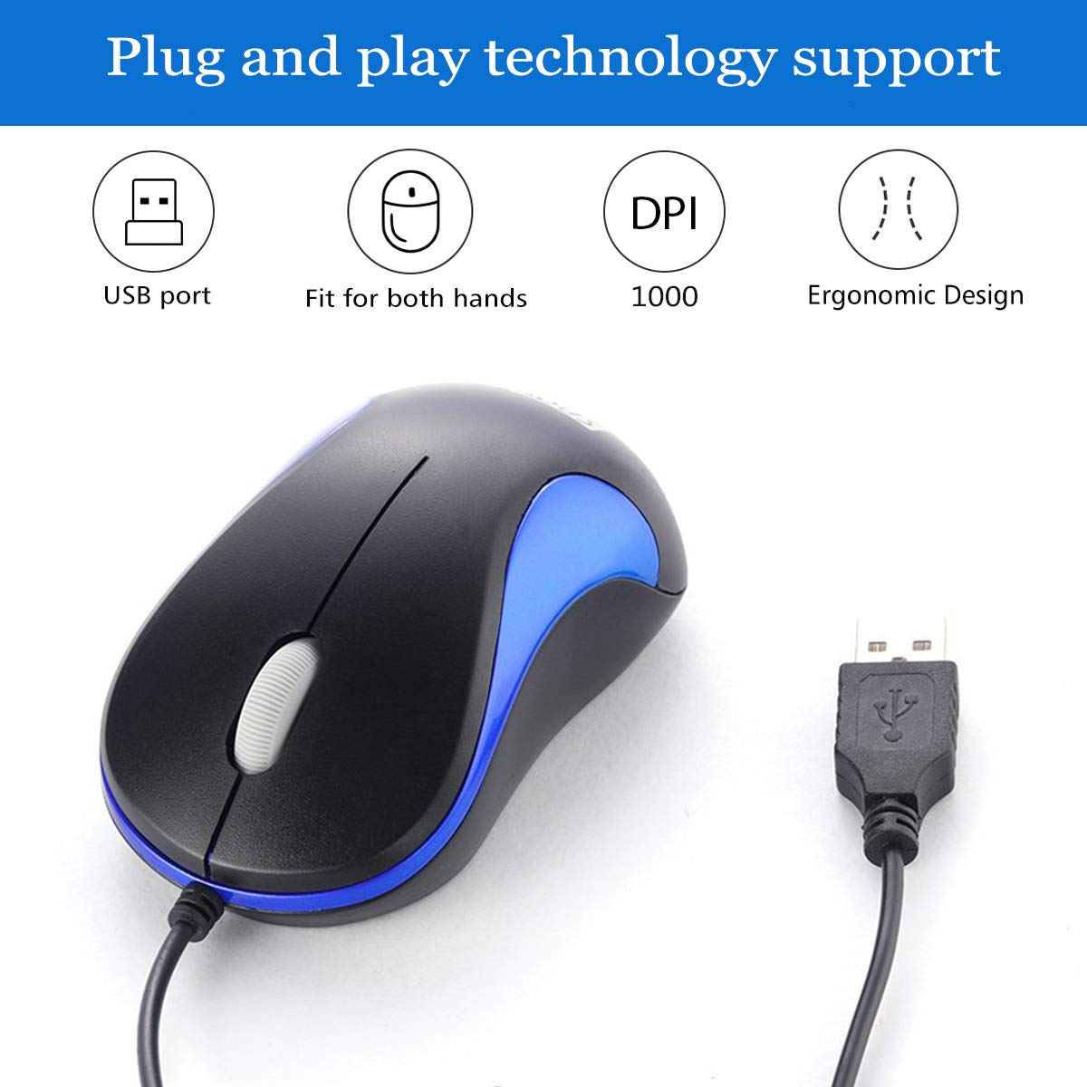 2 Pack USB Wired Optical Mouse for PC Laptop Desktop - Compatible with Windows 7/8/10/11/XP Vista & Mac OS - Ergonomic Design for Office Work, Home Use & Gaming (Blue) by SOONGO