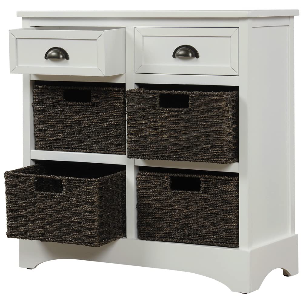 Rustic White Storage Cabinet with 2 Drawers & 4 Rattan Baskets - Farmhouse Entryway Console, Sofa Table for Living Room, Dining Room Sideboard Storage Chest | Perfect for Hallway Organization, Living Room Decor & Dining Room Storage Solution