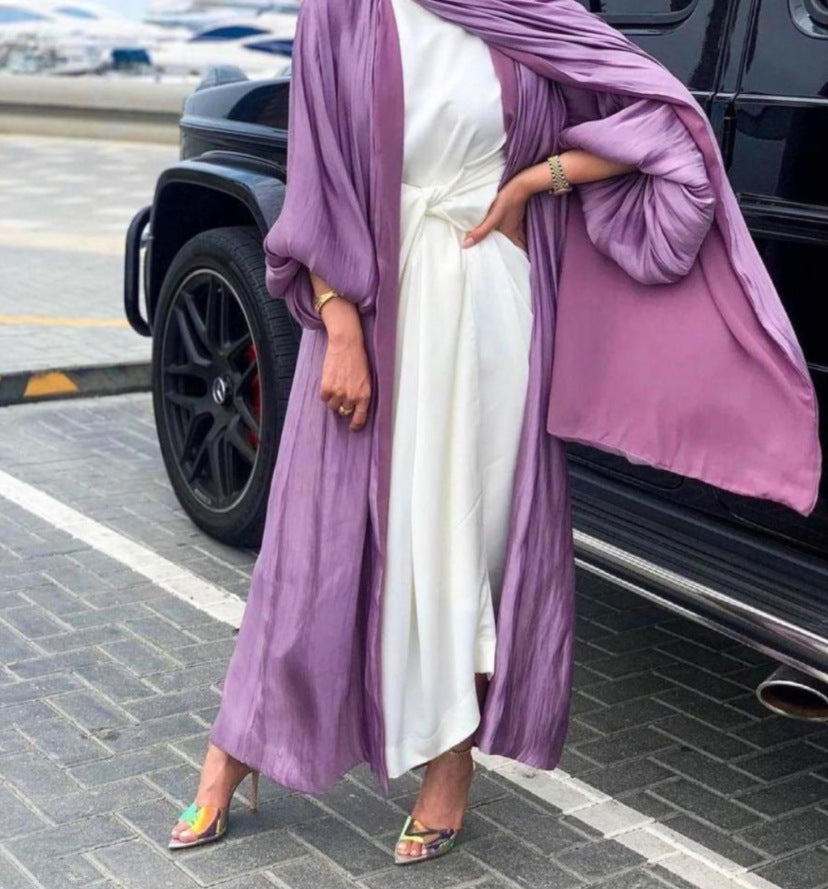 Elegant Muslim Abaya Dress for Women - Shining Silklike Kimono Cardigan with Puff Sleeves | Eid, Summer, Dubai & Turkey Fashion | Perfect for Prayer, Parties & Special Occasions