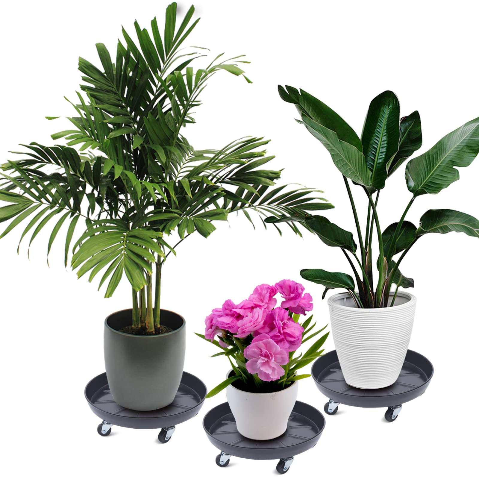 TFCFL 3-Piece 14-Inch Rolling Plant Caddy Set - Heavy Duty Black Plant Stand with Universal Wheels for Indoor/Outdoor Flower Pots | Perfect for Moving Large Plants on Patios, Decks & Greenhouses