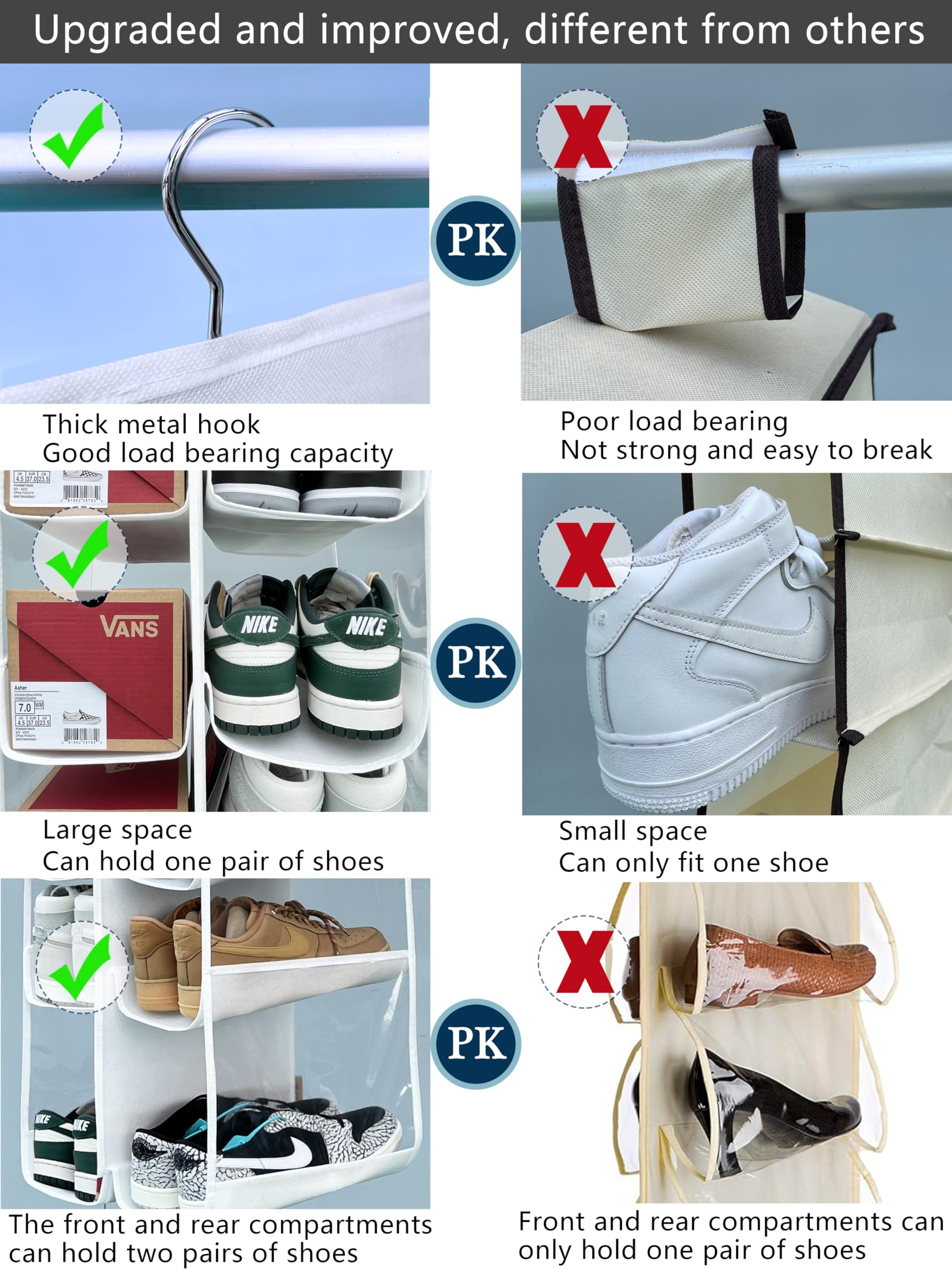 Zebricolo Hanging Shoe Rack for Closet - Extra Large 24 Pocket Shoe Organizer, Space Saving Closet Storage Solution (2 Pack, White) - Perfect for Bedroom, Dorm, Entryway & Small Space Organization