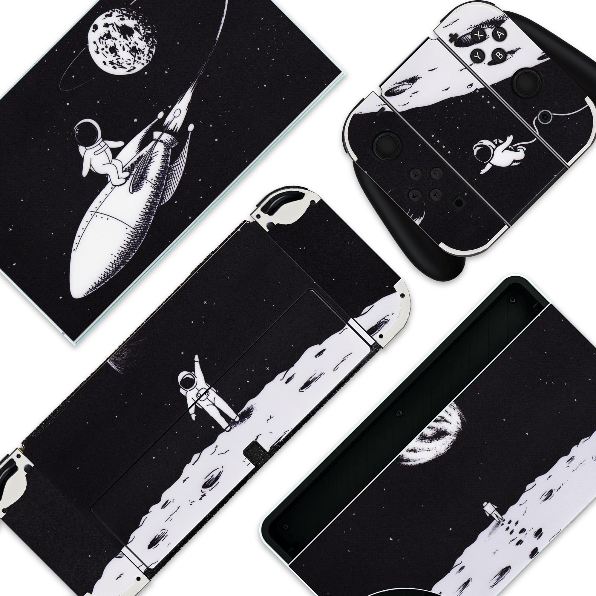 BelugaDesign Space Themed Nintendo Switch Skin - Galaxy Astronaut Moon Vinyl Decal Sticker Wrap for Switch & Switch OLED (Black/White) - Perfect for Gamers & Space Enthusiasts