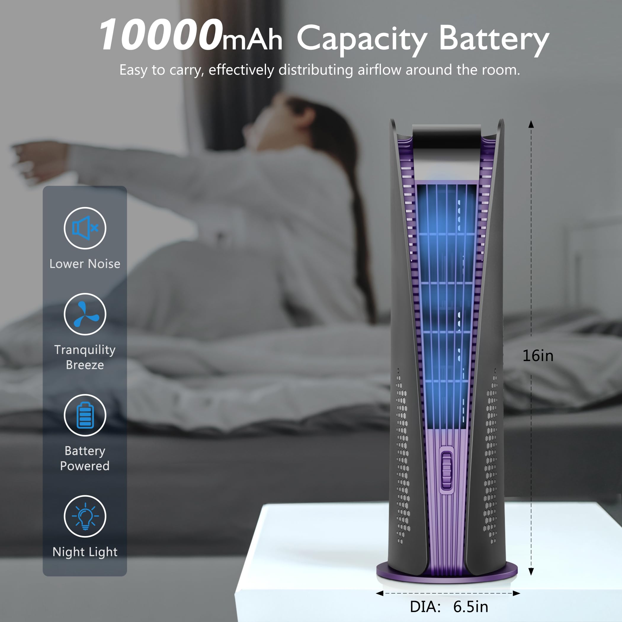 10000mAh Rechargeable Bladeless Tower Fan - Ultra Quiet 3-Speed Oscillating Floor Fan with 180° Rotation, Timer & LED Night Light for Bedroom, Office, Home - Portable Desk Cooling Fan for Summer, Sleeping, Work