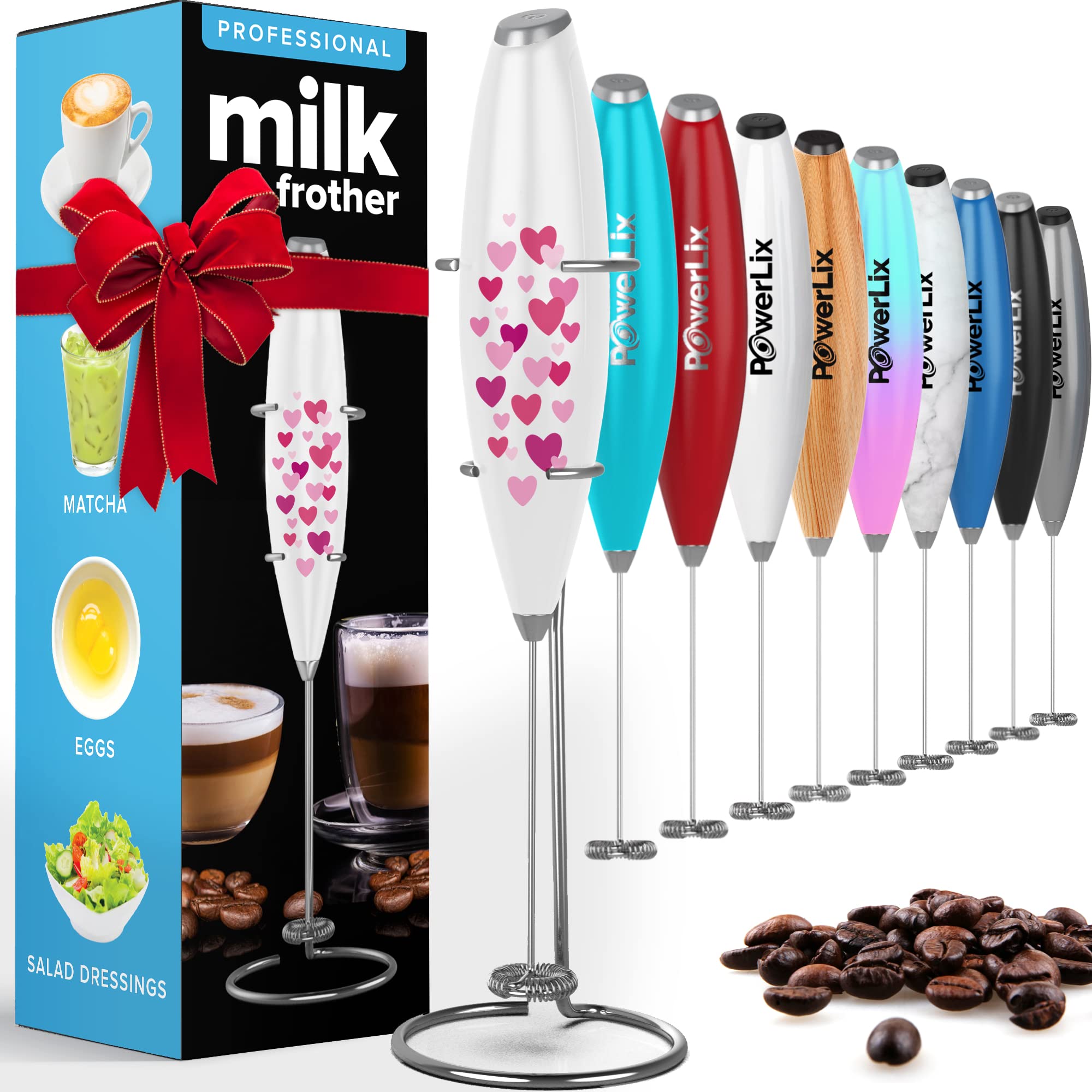 PowerLix Powerful Handheld Milk Frother - Battery Operated Foam Maker for Coffee, Latte & Cappuccino - Includes Stand & Whisk (Black) - Perfect for Home, Office & Coffee Shops