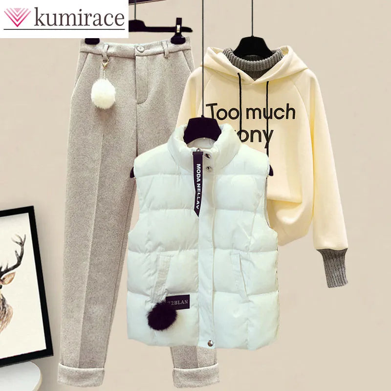 Stylish Women's 3-Piece Winter Outfit - Korean Thickened Hoodie, Casual Cotton Tank Top & Flocked Pants Set | Perfect for Sports, Travel & Daily Wear
