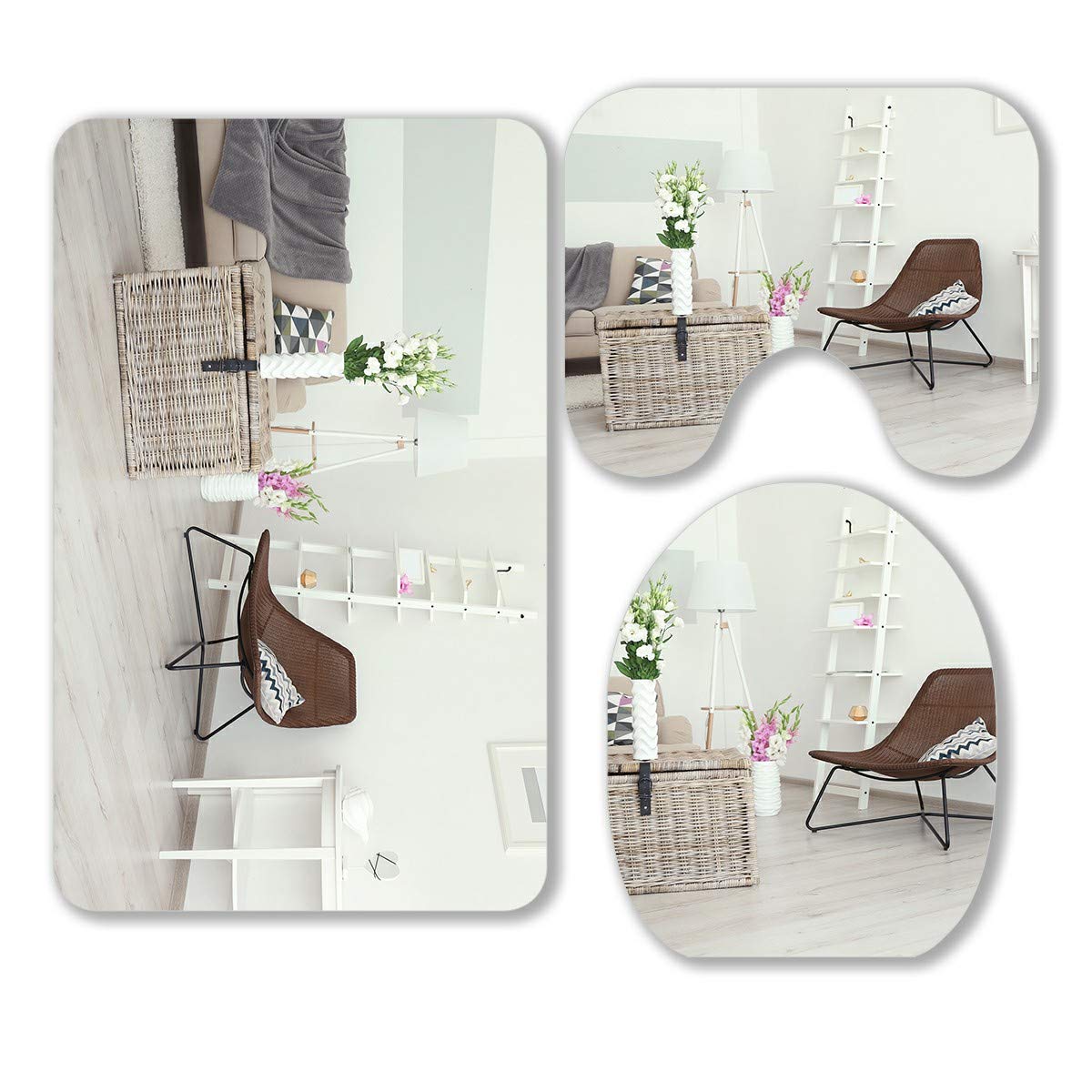 ECZJNT 3-Piece Bathroom Rug Set - Non-Slip Contour Mat, Toilet Lid Cover & Decorated Flower Vase - Soft Absorbent Bath Mats for Modern Home Decor, Perfect for Bathroom Safety and Aesthetic Upgrade