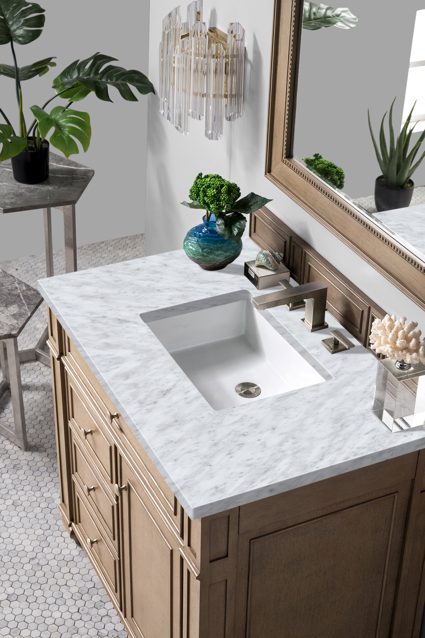 Bristol 36 Inch Single Bathroom Vanity with Whitewashed Walnut Finish & 3CM Carrara Marble Top - Perfect for Modern Farmhouse, Coastal, or Transitional Bathroom Designs