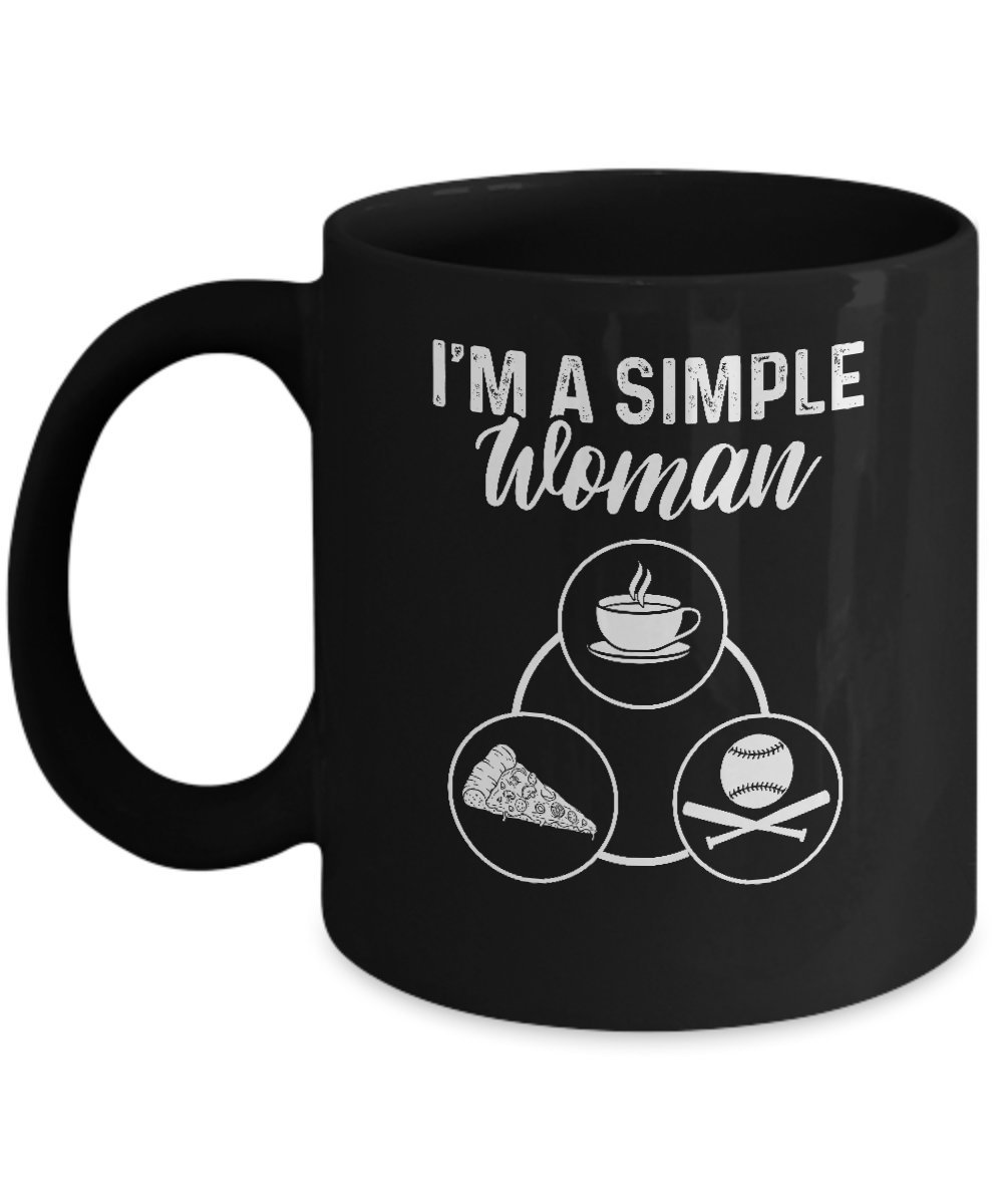 Funny Coffee Mug for Women - 11oz Black Ceramic Cup with 'I'm A Simple Woman Coffee Pizza Baseball' Quote - Perfect for Office, Home Use & Gift Giving