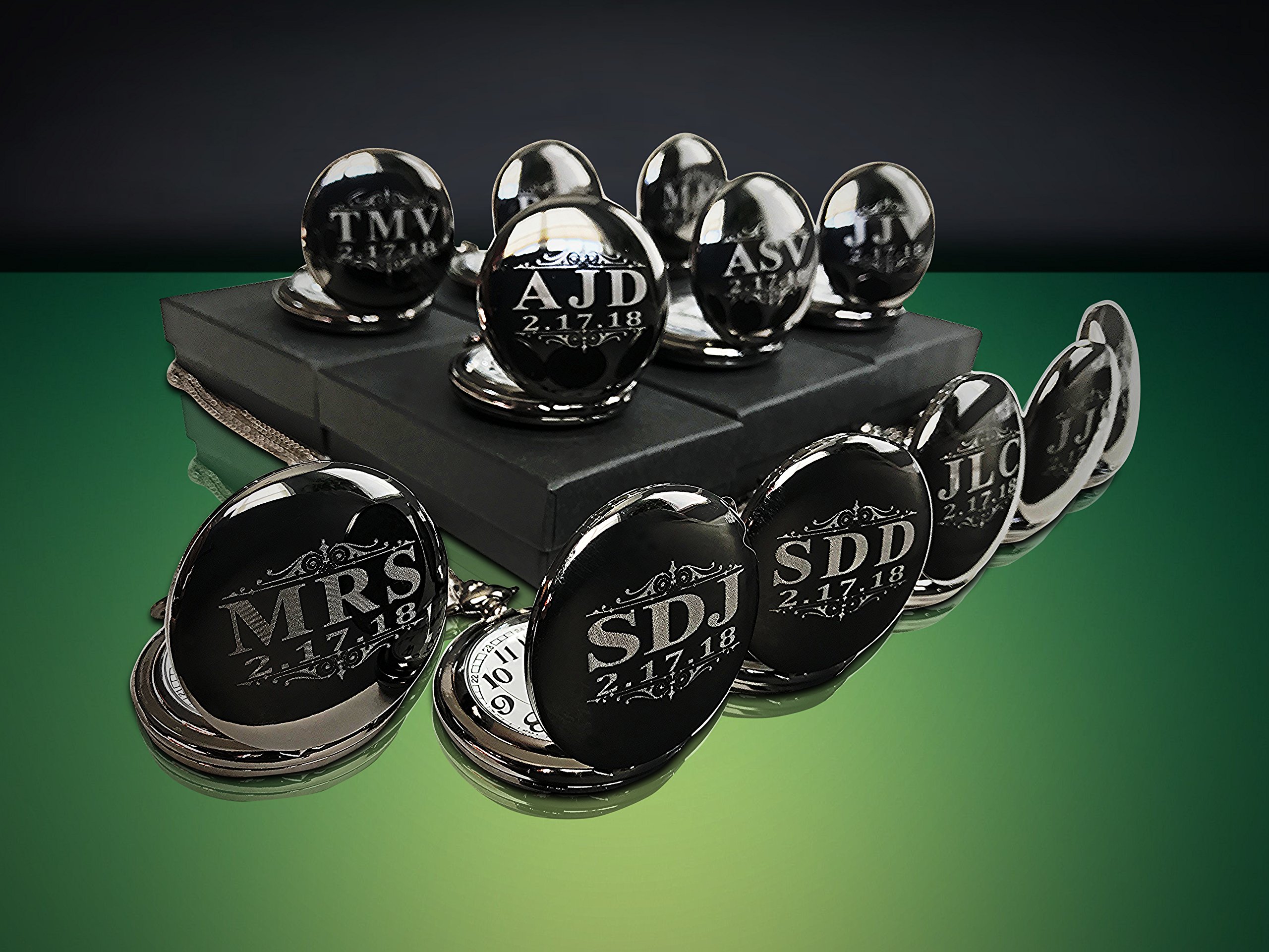 7 Engraved Pocket Watches for Groomsmen - Wedding Gift Set with Chain, Engraving & Gift Box (5 Colors) - Unique His & Her Gifts for Anniversary, Bridal Party & Special Occasions