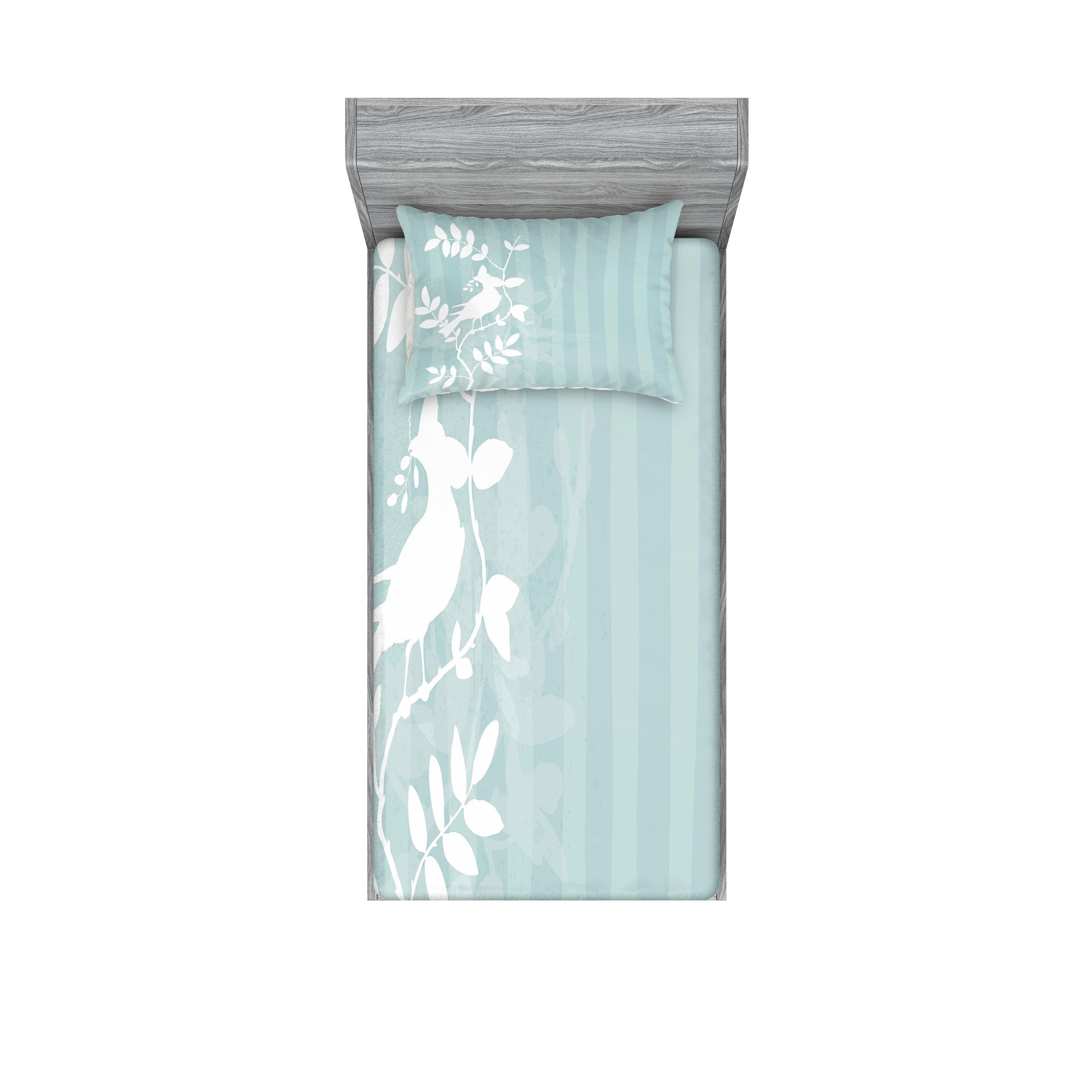 Ambesonne Nature Fitted Sheet & Pillow Sham Set - Bird Silhouette on Tree Branch with Striped Summer Print, 2-Piece Decorative Bedding Set for Twin XL, Turquoise & White - Perfect for Summer Bedroom Decor & Guest Room Styling