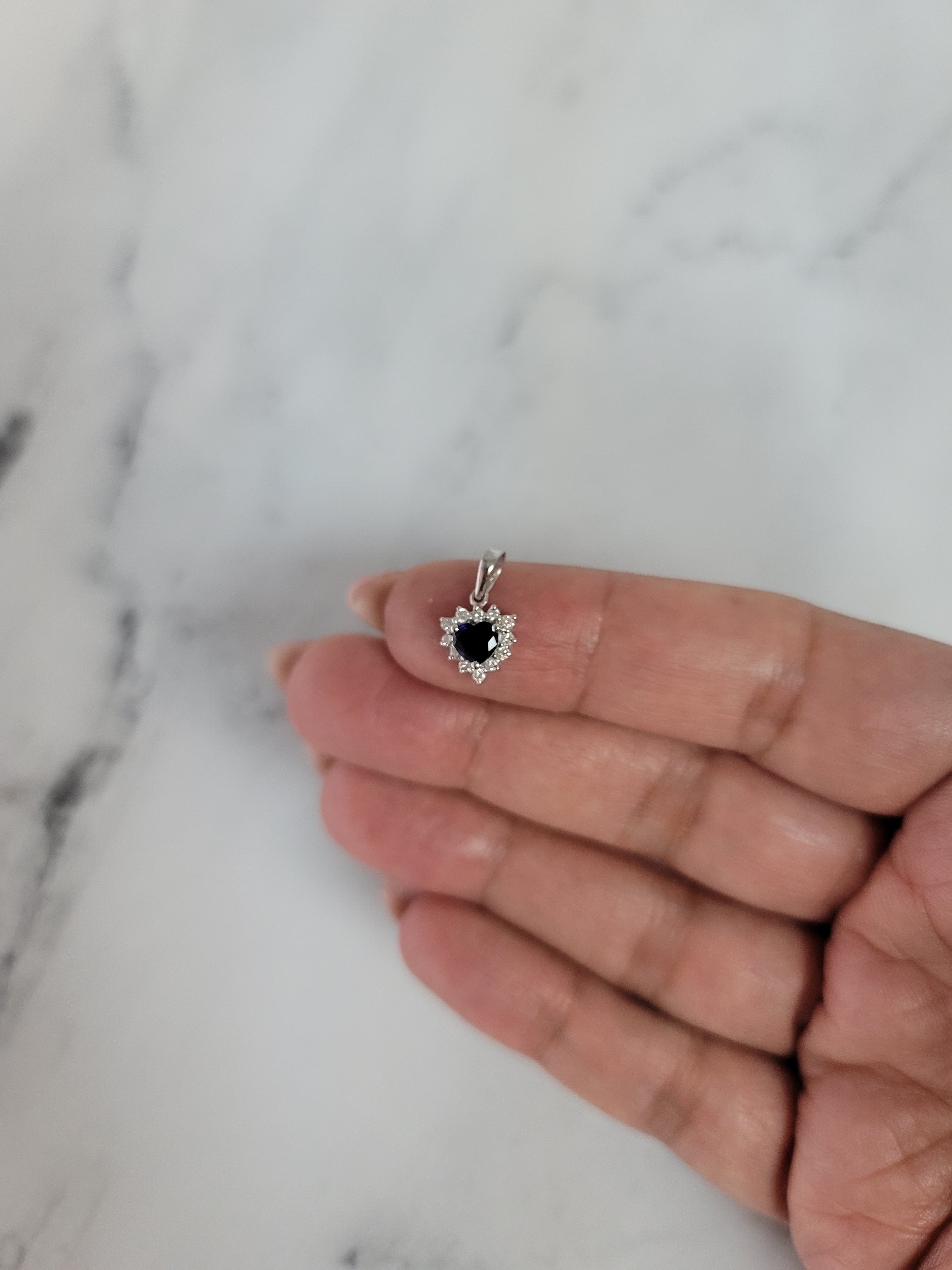 14k White Gold Heart Shaped Sapphire and Diamond Halo Necklace - Perfect for Anniversaries, Valentine's Day & Romantic Gifts