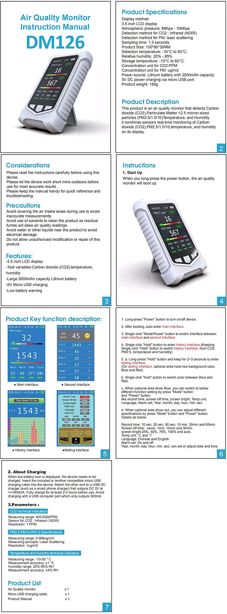 **DM126 Air Quality Monitor & CO2 Detector - PM2.5/PM1.0/PM10 Analyzer with Temperature & Humidity Sensor | NDIR Technology for Home, Office & Indoor Air Quality Monitoring**