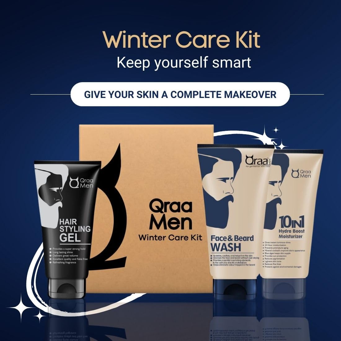 Qraa Men's Winter Skincare Gift Set - 3-Pack Face & Beard Wash, 10-in-1 Hydrating Moisturizer, Styling Gel (100g Each) for Glowing Skin | Perfect for Dry Winter Care & Grooming Routine | Great Holiday Gift for Men