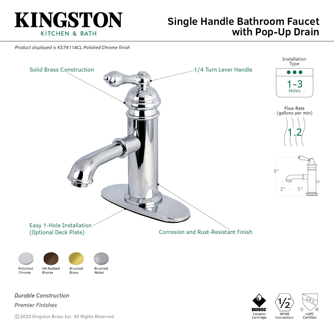 American Classic KS7418ACL Single Handle 1-Hole Bathroom Sink Faucet with Deck Plate & Brass Pop-Up Drain - Brushed Nickel Finish for Modern Vanities and Powder Rooms