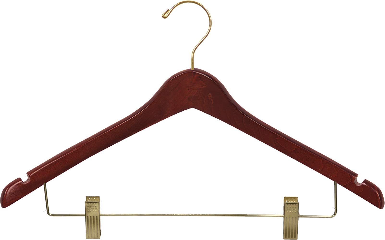Premium 17-Inch Wooden Hangers with Walnut Finish - 100-Pack Curved Shoulder Hangers with Adjustable Cushion Clips, Brass Swivel Hooks & Notches - Ideal for Shirts, Jackets, Dresses & Closet Organization