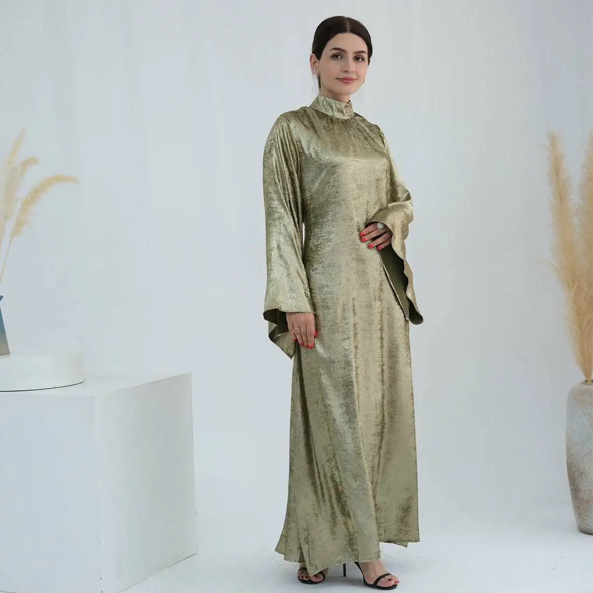 Elegant Muslim Women's Bronzing Gleam Abaya Dress - Modest Islamic Prayer Dress for Eid, Wedding & Special Occasions