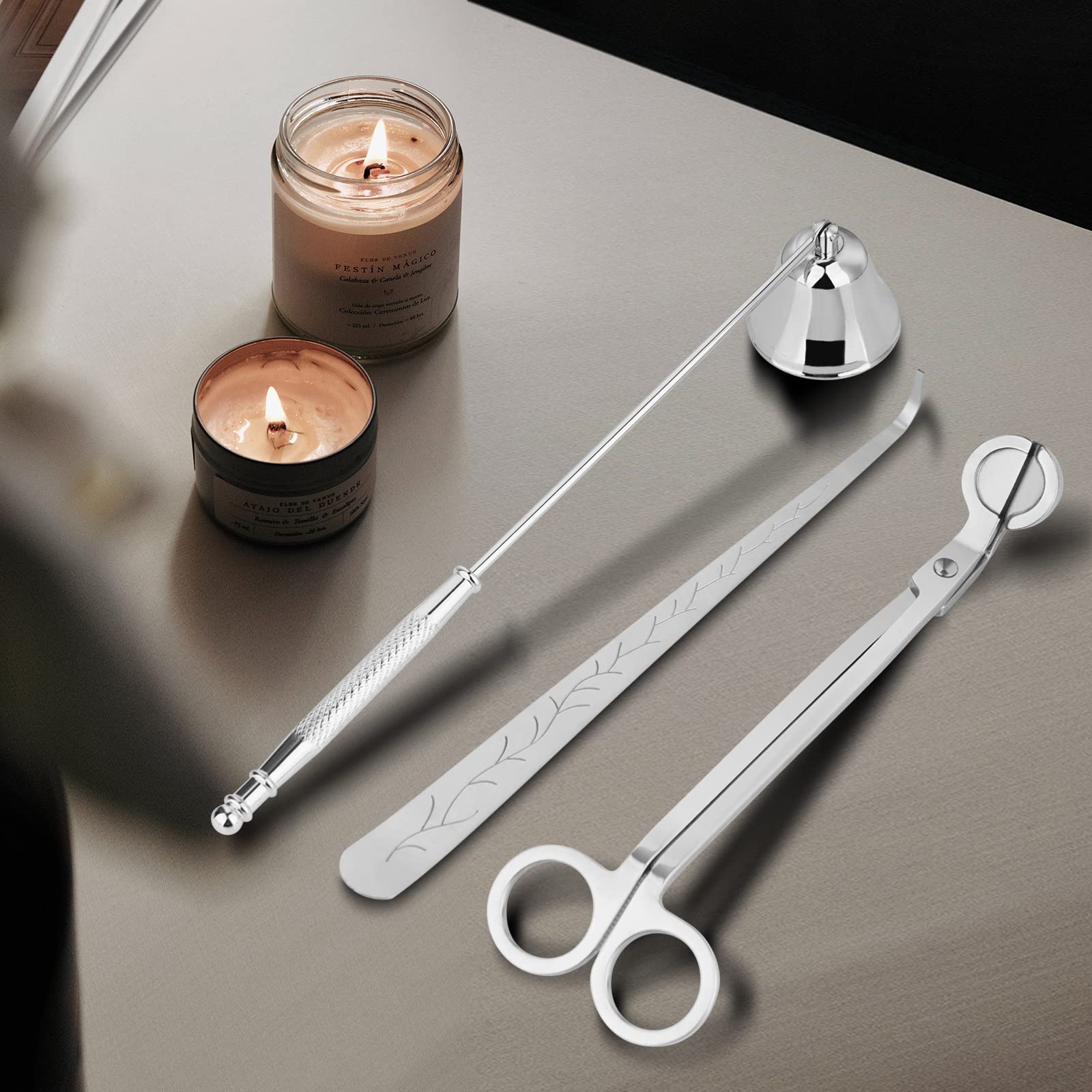 Kirecoo 3-in-1 Candle Accessory Set - Wick Trimmer, Snuffer & Dipper for Candle Care (Silver) | Perfect for Home Decor, Relaxation & Aromatherapy