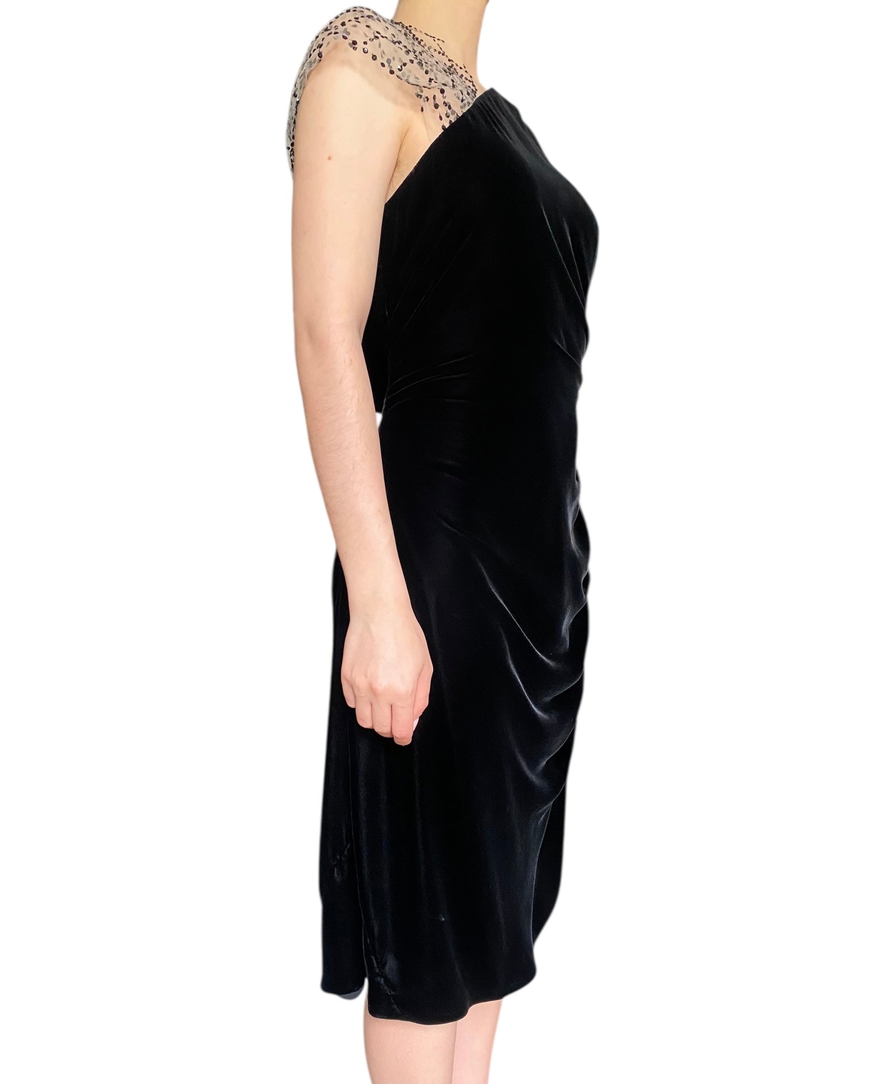 Armani Velvet Rouched Sequin Mesh Dress - Size IT 46 / US 10 - Elegant Evening Gown for Parties, Weddings & Special Occasions