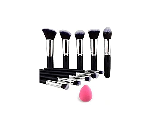 Upheavel 10-Piece Professional Makeup Brush Set - Foundation, Eyeliner & Eyeshadow Brushes with Bonus Sponge Puff (Black) | Perfect for Daily Makeup, Contouring & Professional Makeup Artists