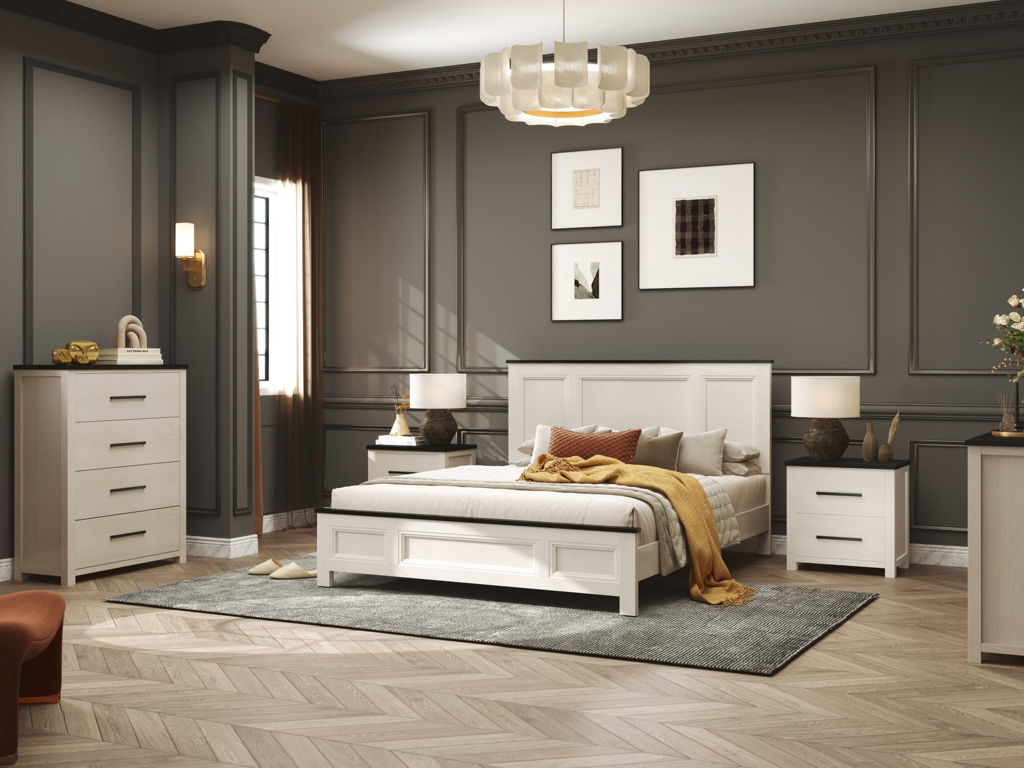 Roundhill Furniture Realynn Wood Bedroom Collection - Queen Size Bed Frame, Nightstand & Dresser Set in Off White Finish | Modern Farmhouse Style for Master Bedroom & Guest Room Decor