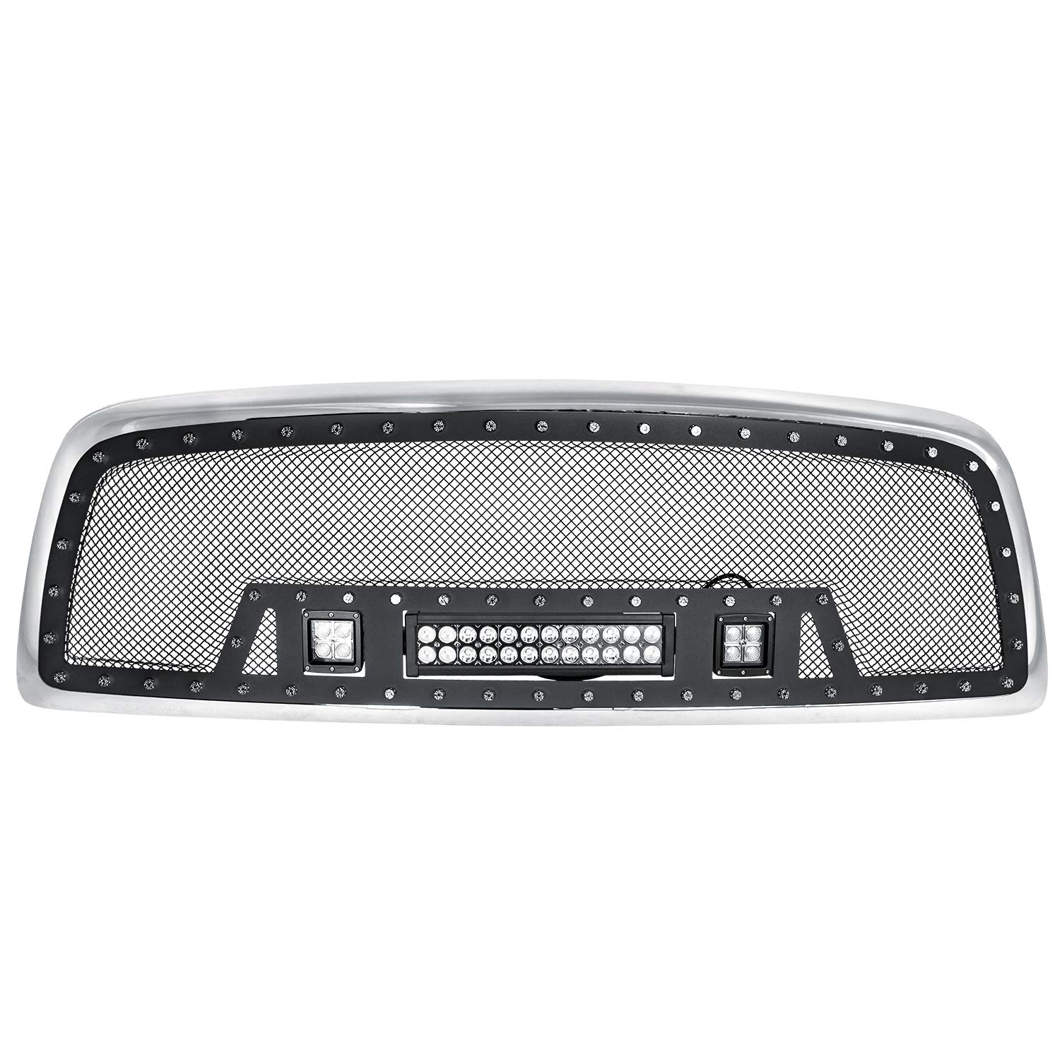 2009-2012 Dodge Ram 1500 Complete Chrome Grille Shell Replacement with Matte Black Stainless Steel Mesh & LED Lights - Upgrade Your Truck's Front End for Enhanced Style and Visibility