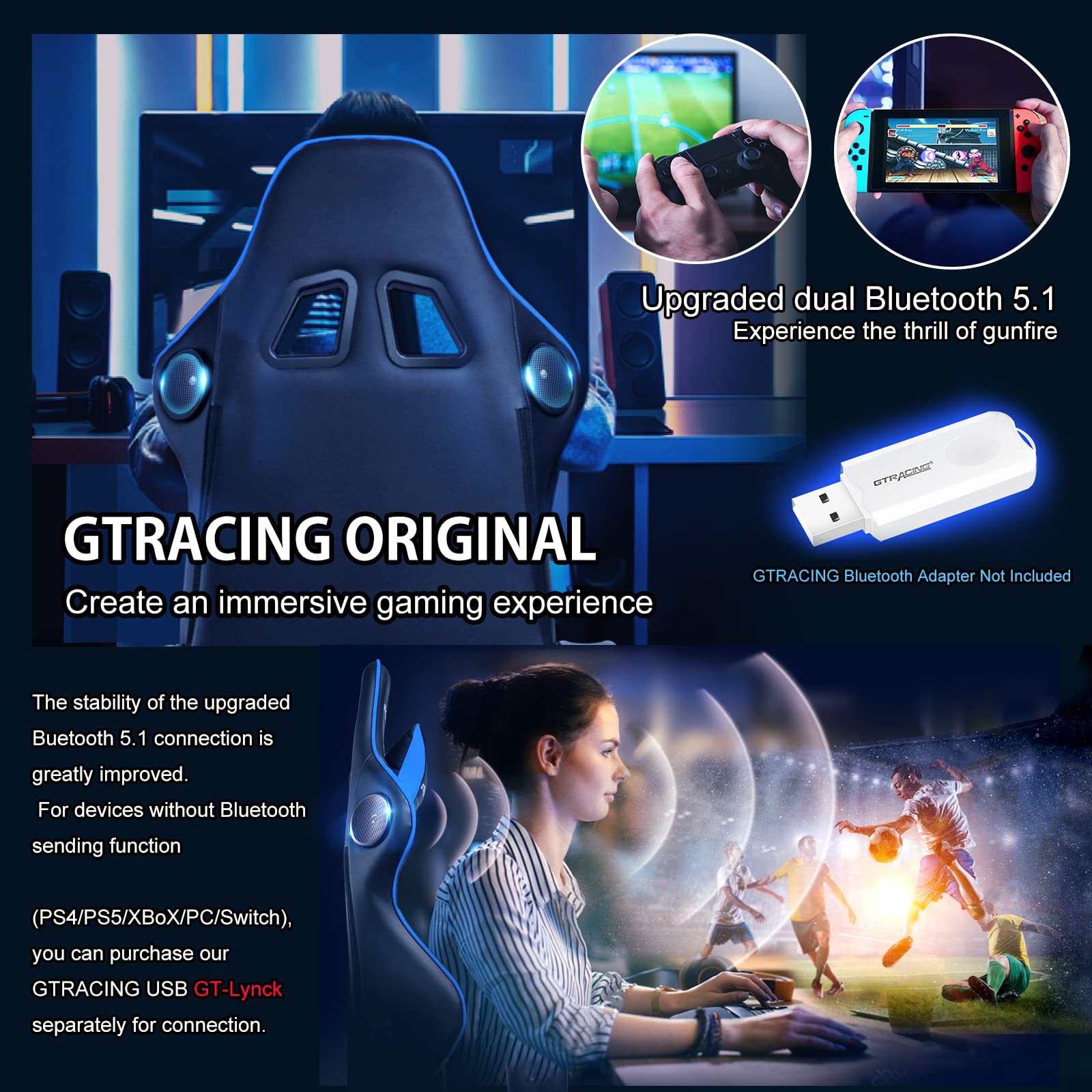 GTRACING Bluetooth Gaming Chair with Built-in Speakers - Ergonomic Video Game & Office Computer Desk Chair - Heavy Duty Design (Blue) - Perfect for Gaming, Streaming & Home Office Work