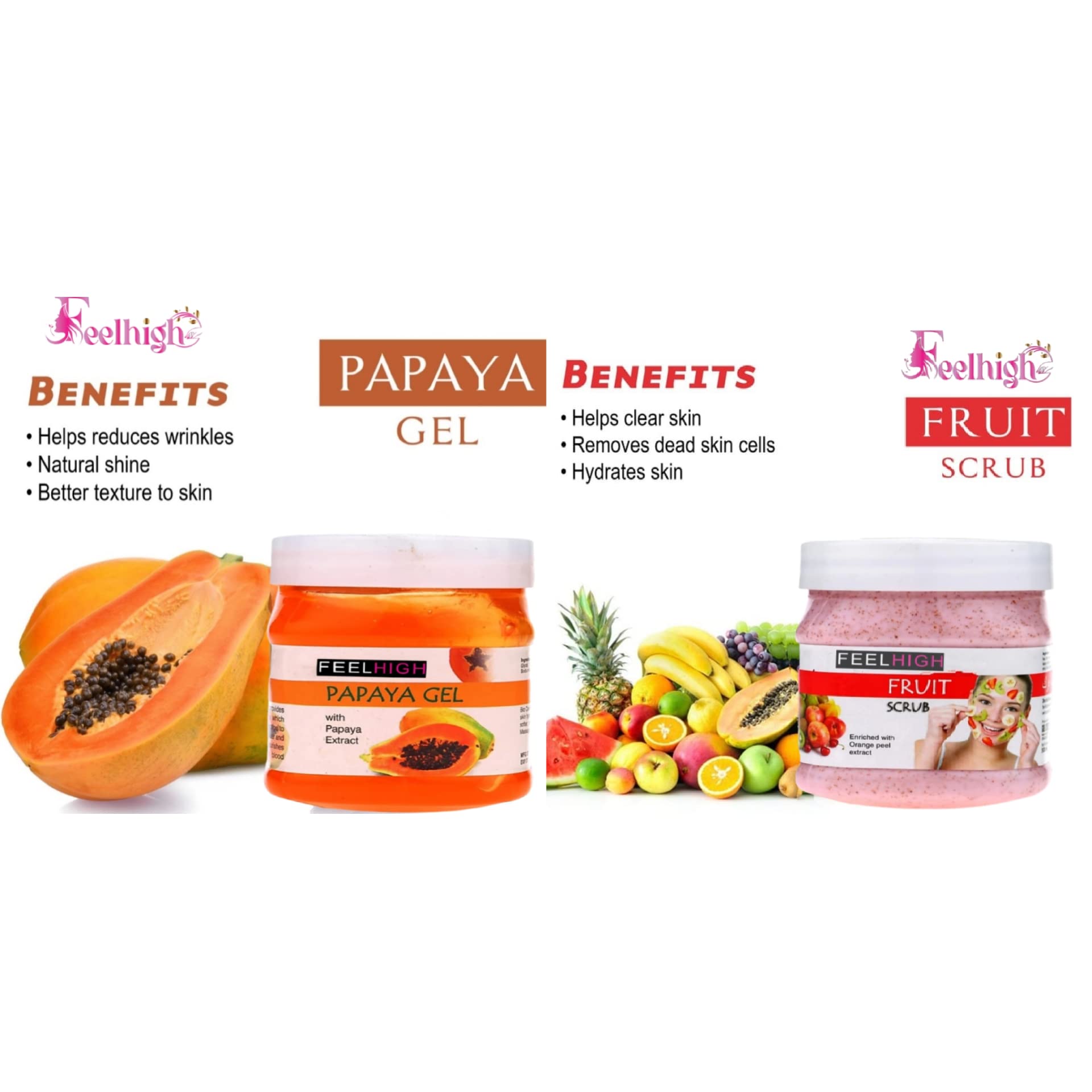Feelhigh Papaya Face & Body Gel 500gm + Exfoliating Scrub 500gm - Natural Skin Care Set for Brightening & Smoothing | Perfect for Daily Skincare Routine & Spa Treatment