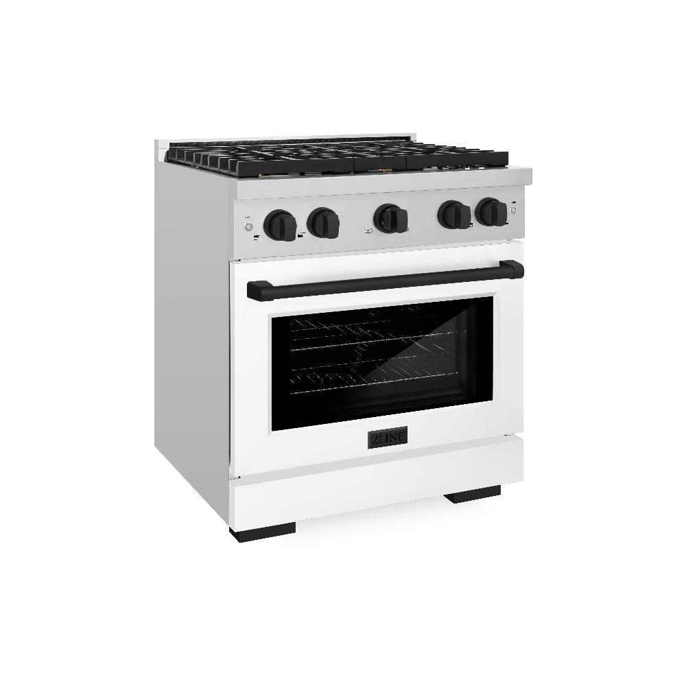 ZLINE Autograph Edition 30-inch 4.2 cu.ft Dual Fuel Range - Stainless Steel Gas Cooktop with 4 Burners & Electric Convection Oven - White Matte Door & Matte Black Accents (SDRZ WM 30 MB) - Perfect for Modern Kitchens, Home Chefs & Professional Cooking