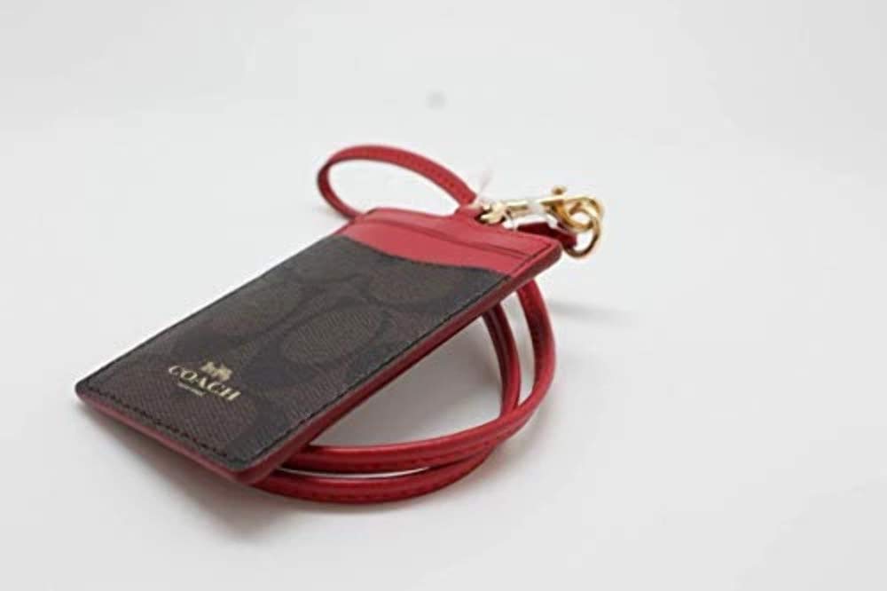 Coach Signature Brown & Red Lanyard ID Badge Holder with Card Slot - Stylish Work Accessory for Office, School, and Events (Model 63274)