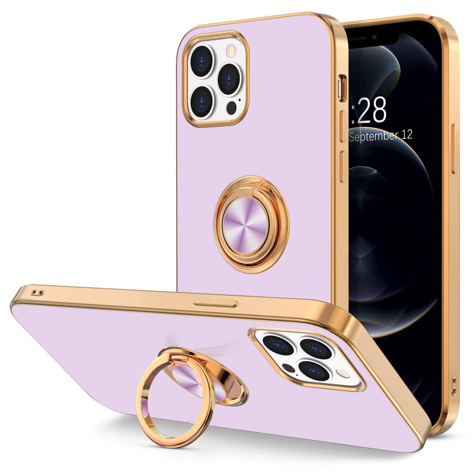 Hython iPhone 12 Pro Max Case with Rotatable Ring Stand - Purple Shockproof Cover for Women & Men | Perfect for Work & Travel