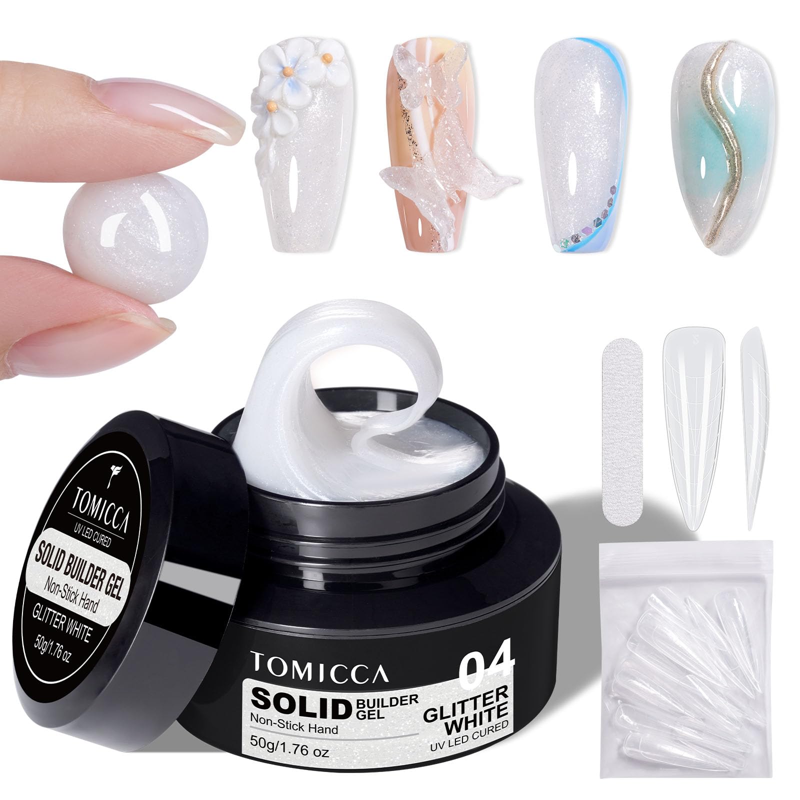 TOMICCA 3D Nail Art Gel - White Sparkle Sculpting Hard Gel for Nail Extensions & Manicures (1.76 oz) | DIY at Home Glitter Gel | Perfect for Salon-Quality Nails & Special Occasions