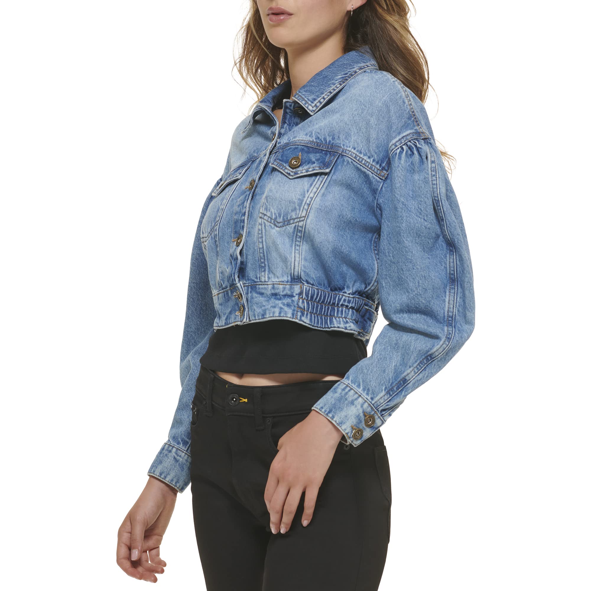 DKNY Women's Denim Cropped Jacket - Stylish Distressed Denim Jacket for Women | Perfect for Casual Outfits, Layering & Spring/Fall Fashion