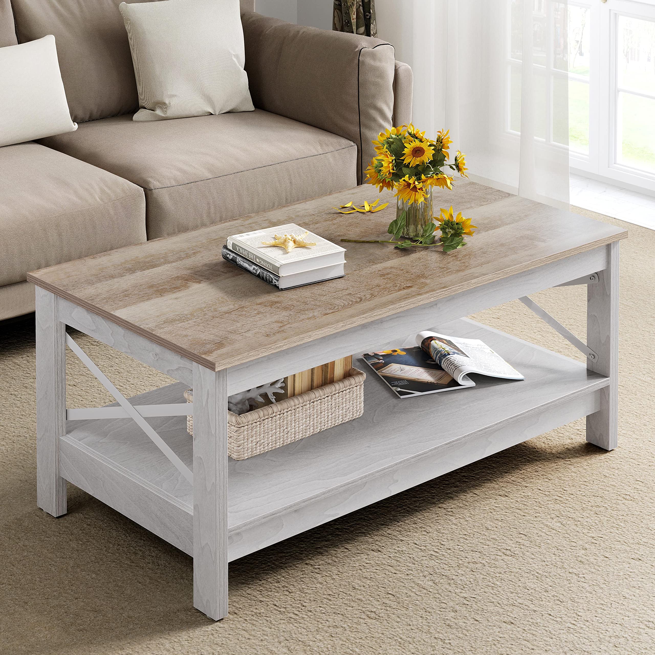 Modern Farmhouse Coffee Table with Storage - 2-Tier Wooden Living Room Center Table, Grey Wash, Sturdy Frame | Accent Cocktail Table for Living Room, Farmhouse Decor, Small Space Furniture