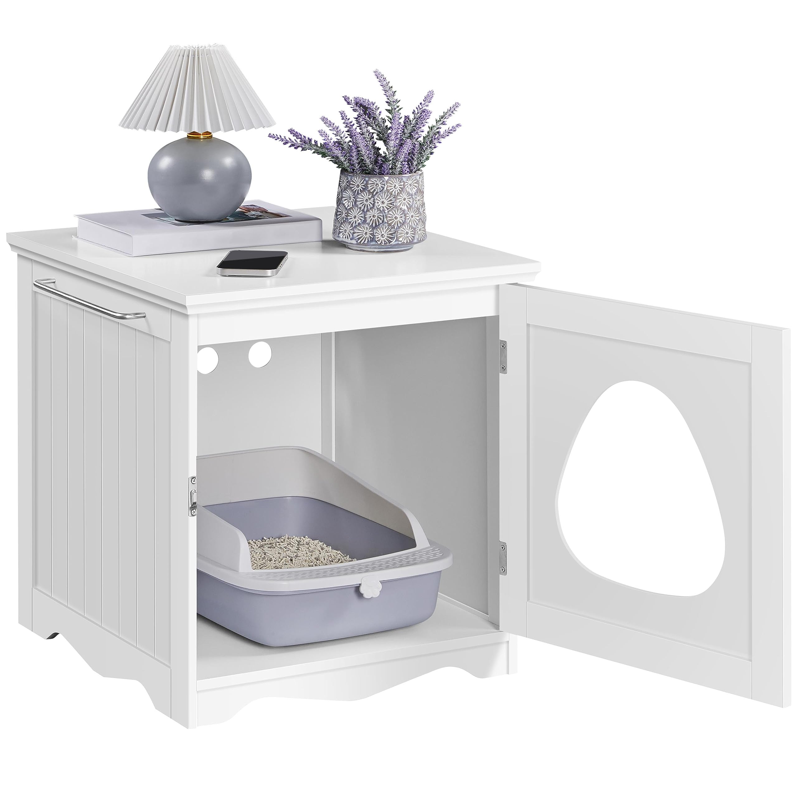 Yaheetech Wooden Cat Litter Box Enclosure Furniture with Towel Bar - Hidden Litter Box Cabinet, Dog Proof Indoor Cat House & Side End Table in White - Perfect for Small Spaces & Pet-Friendly Home Decor