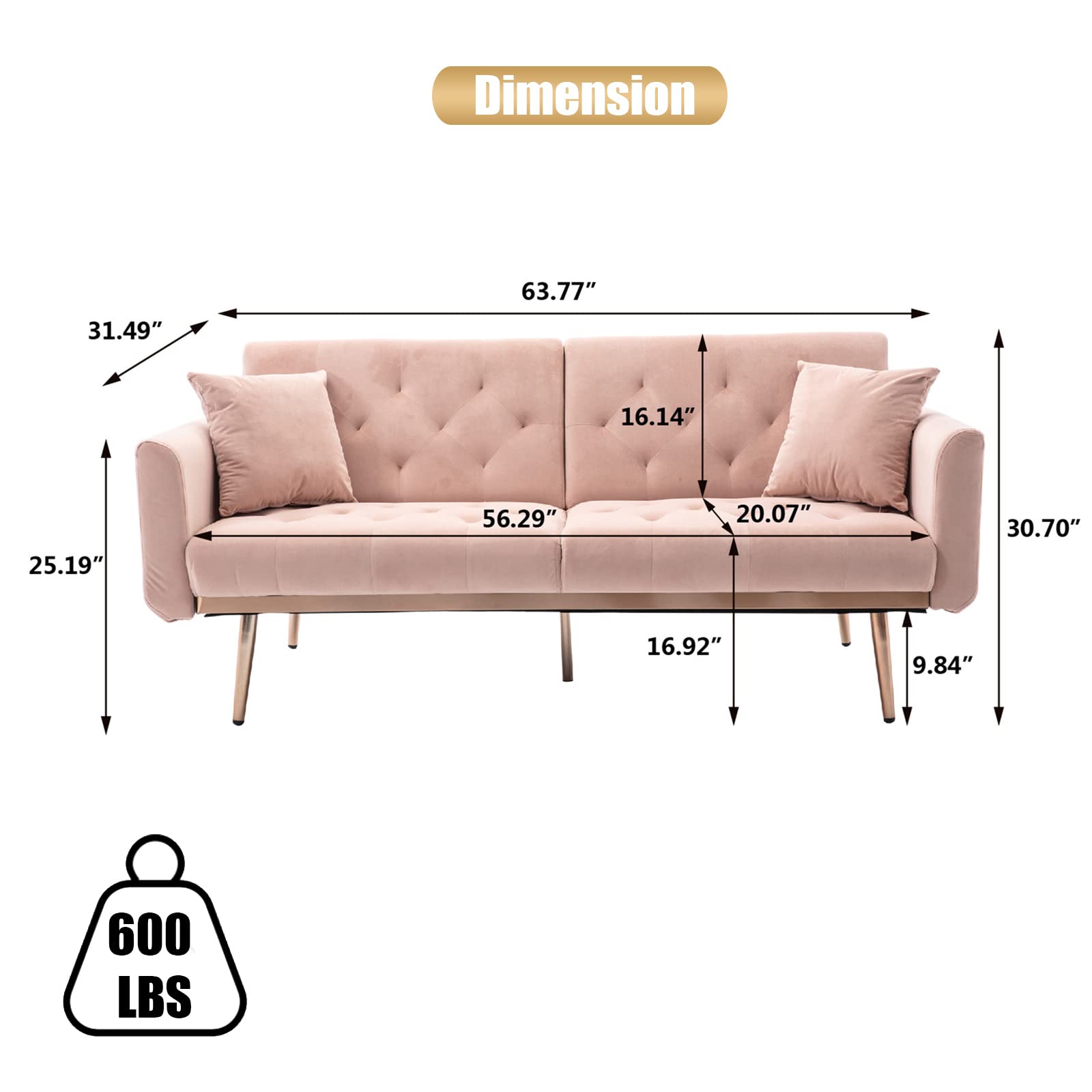 Velvet Accent Loveseat Sofa with Rose Gold Metal Legs - Convertible Sleeper Sofa Bed for Small Spaces, Pink Futon Couch with Split Back Design & 2 Pillows (63.8