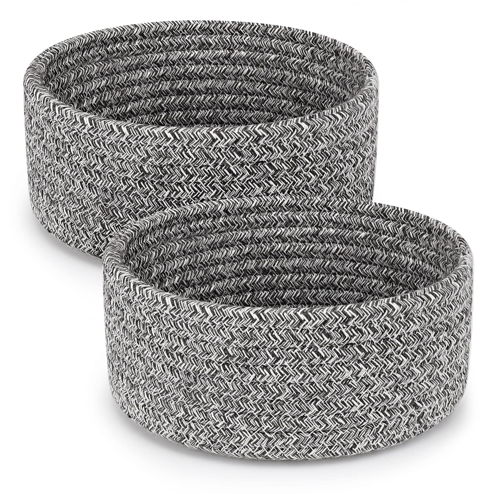 ABenkle 2 Pack Small Cotton Rope Woven Baskets - Mini Boho Storage Baskets for Nursery, Living Room, Bedroom & Shelf Decor - Empty Gift Basket in Mixed Grey - Perfect for Organizing Jewelry, Keys & Small Items