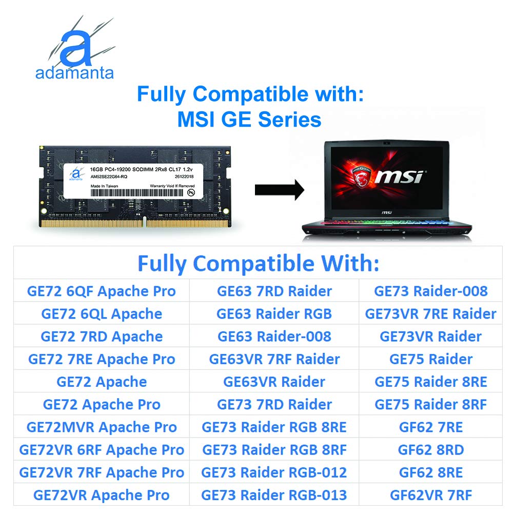 Adamanta 16GB (1x16GB) DDR4 2400MHz SODIMM Laptop RAM - Compatible with MSI GE/GF/GL/GV/PE/PL Series, PC4-19200, CL17, 1.2V - Perfect for Gaming Laptops, Workstations & Memory Upgrades