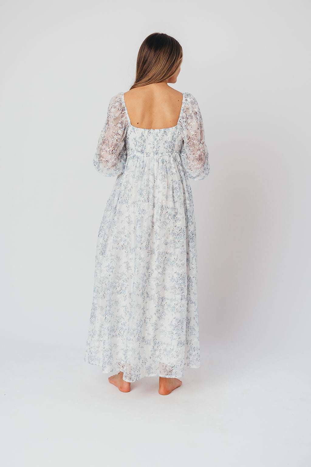 Blue & White Smocked Mona Maxi Dress - Bump Friendly Maternity Dress with Inclusive Sizing (S-3XL) for Beach Vacations, Summer Weddings & Casual Outings