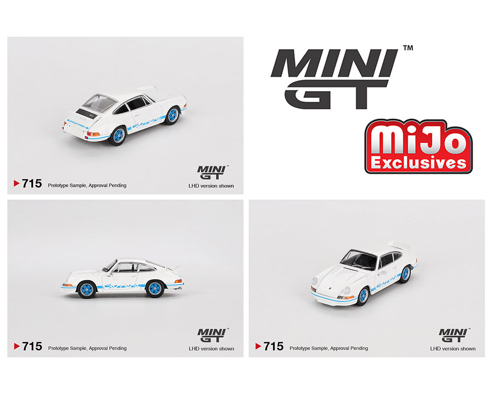 MINI GT 1:64 Scale Porsche 911 Carrera RS 2.7 Grand Prix Diecast Model Car - White & Blue Collectible for Display, Racing Enthusiasts & Gift Giving