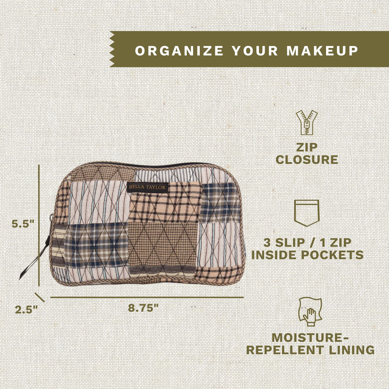 Bella Taylor Large Quilted Cotton Makeup Pouch for Women - Travel Cosmetic Bag Organizer - Ashmont Tan, Grey & Cream Patchwork Design - Perfect for Travel, Gym & Daily Essentials Storage