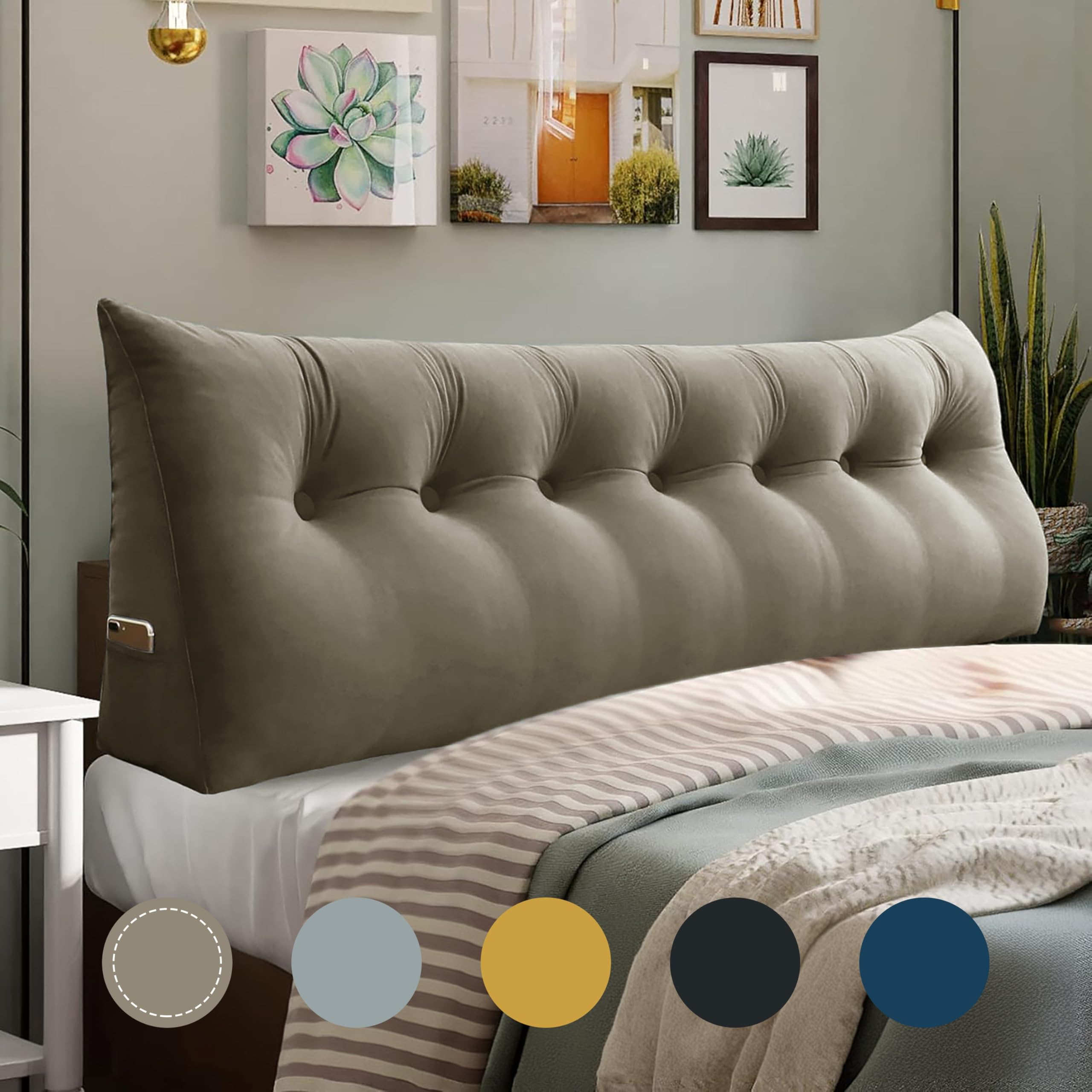 WOWMAX King Size Headboard Wedge Pillow - Triangular Bolster Pillow for Bed, Daybed & Headboard Support - Soft Velvet Cover (100% Cotton) in Beige-Gray - Perfect for Reading, Watching TV & Back Support in Bed