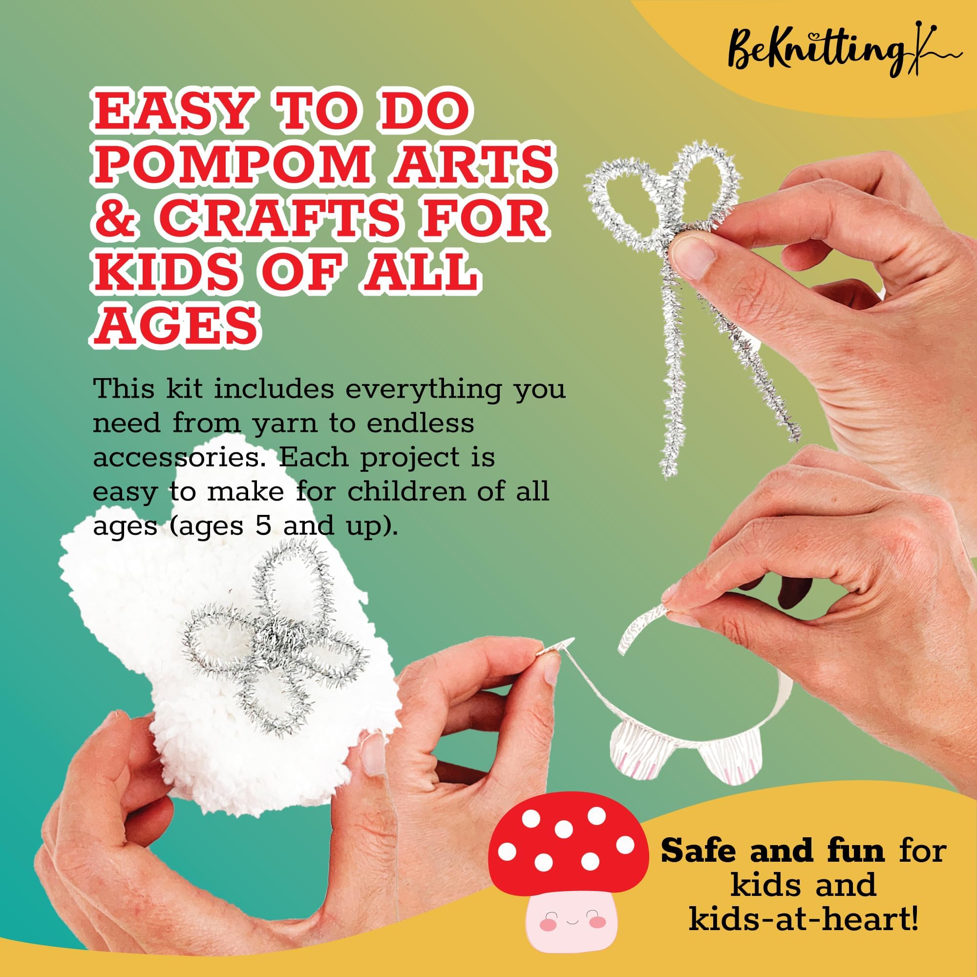 BeKnitting DIY Pompom Maker Craft Kit for Kids - Includes Yarn, Pompom Makers & Stickers | Fun Handmade Gift for Birthday, Christmas & School Art Projects