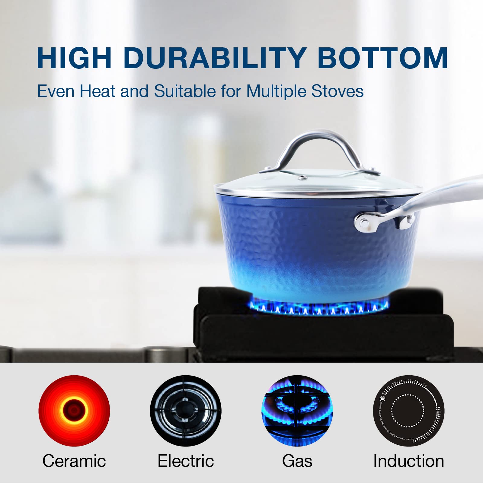 MAISON ARTS 15-Piece Nonstick Cookware Set - Granite Hammered Pots & Pans for Induction, Dishwasher, Oven & Stovetop (Blue) | Perfect for Home Cooking, Meal Prep & Professional Chefs