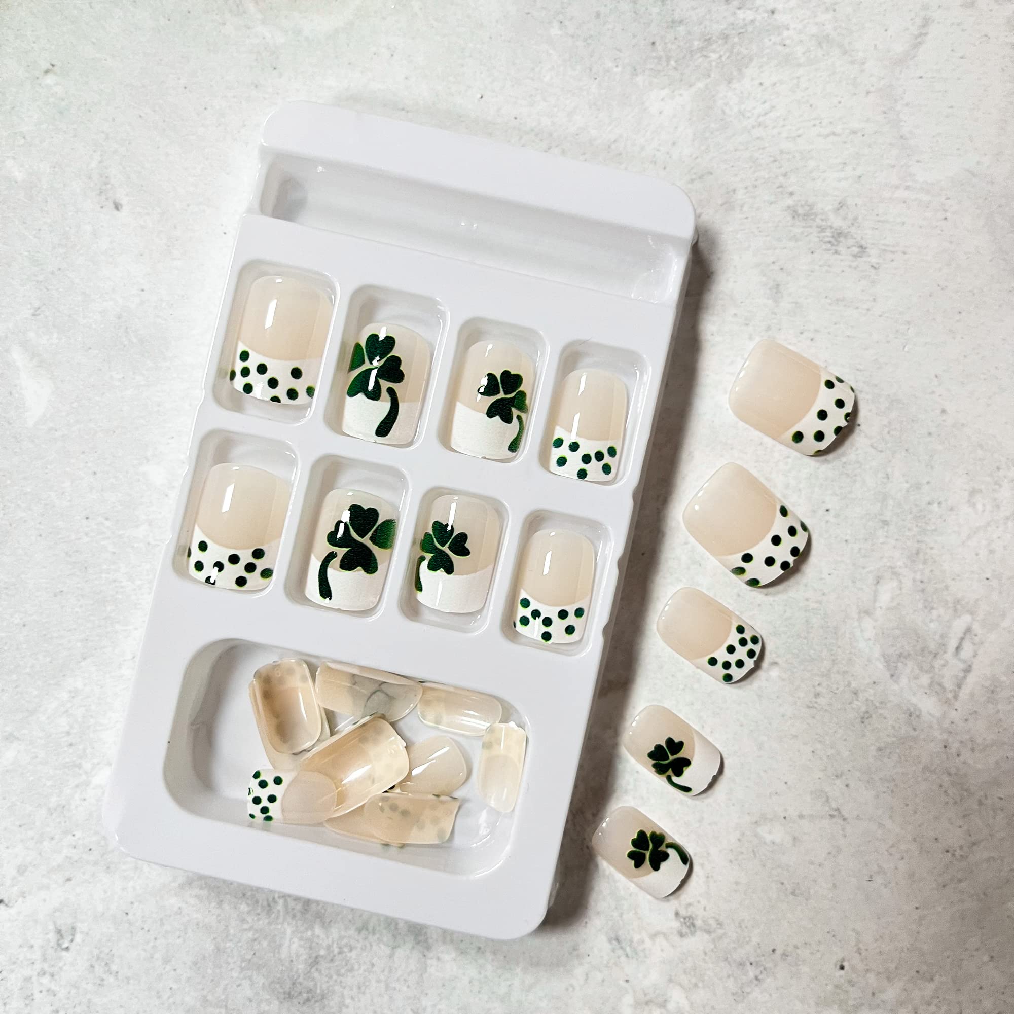 St. Patrick's Day Press on Nails - Short French Tip Fake Nails with Shamrock Designs | Green Acrylic Artificial Nails for Women & Girls | Perfect for St. Patrick's Day Parties, Nail Art Decorations & March 17th Celebrations