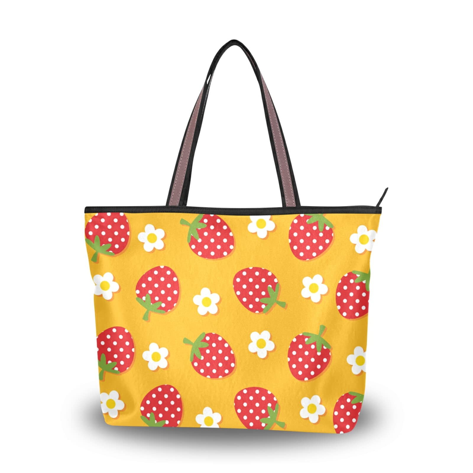 Stylish Daisy Strawberry Print Tote Bag for Women - Large Capacity Zipper Grocery Bag with 2 Size Options - Perfect for Shopping, Beach Trips & Daily Use